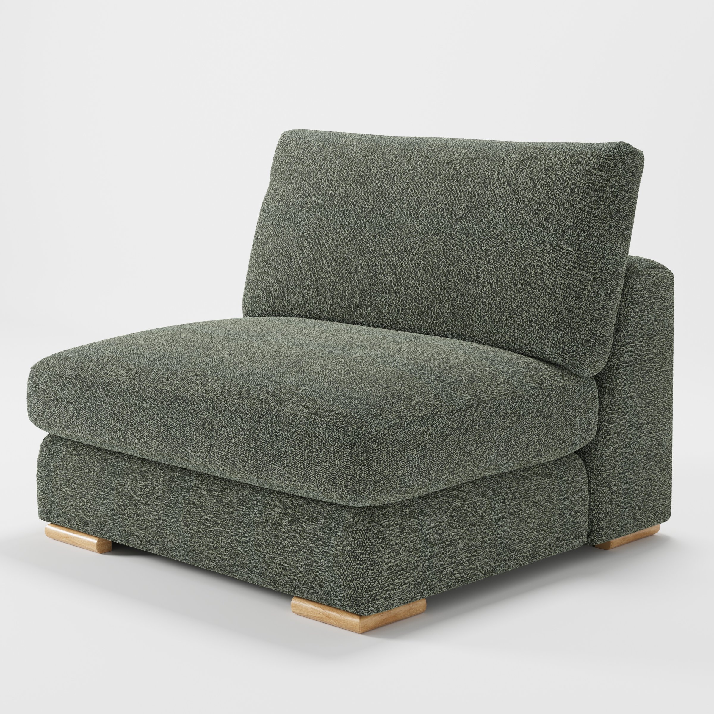 Olton single sofa unit in Kilda Bouclé Moss shown from a diagonal angle highlighting the deep seat, soft cushions and timber feet.