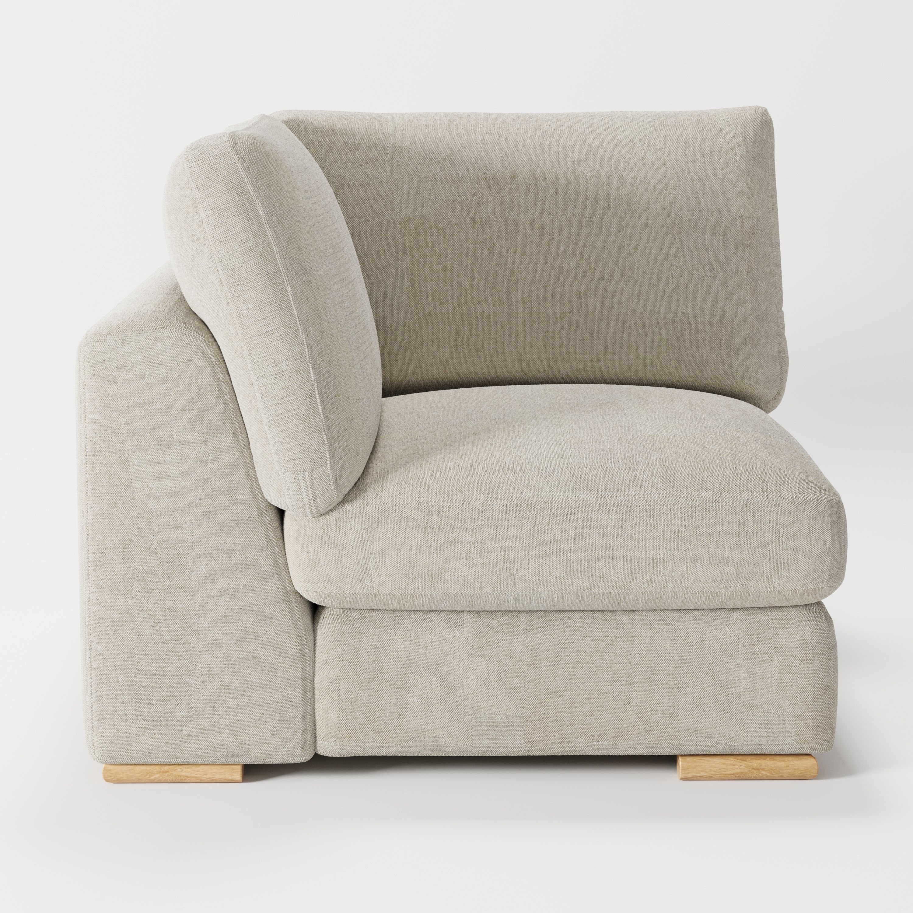 Olton corner unit in Alderney linen oatmeal fabric, left side view highlighting arm profile and soft linen finish
