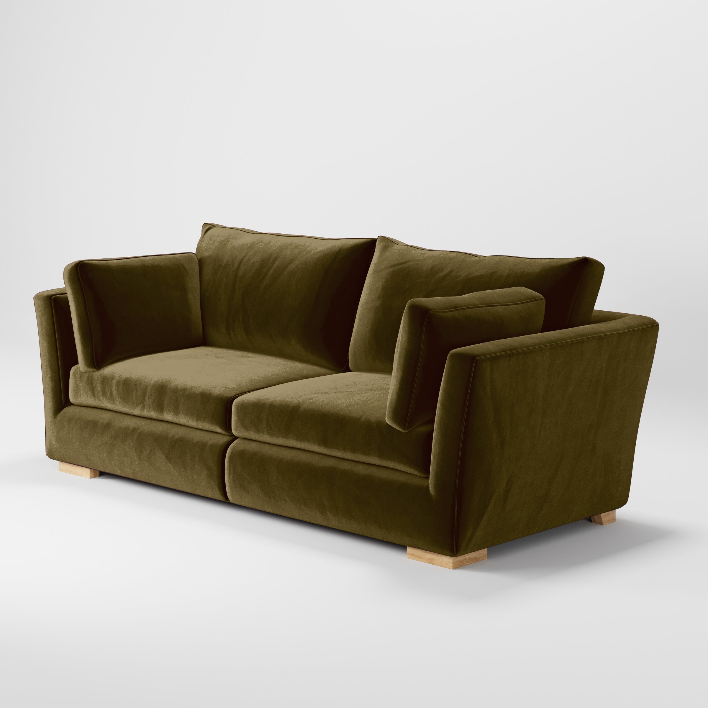 Diagonal view of the Stowe sofa upholstered in Plush EasyClean Velvet in Cedar.