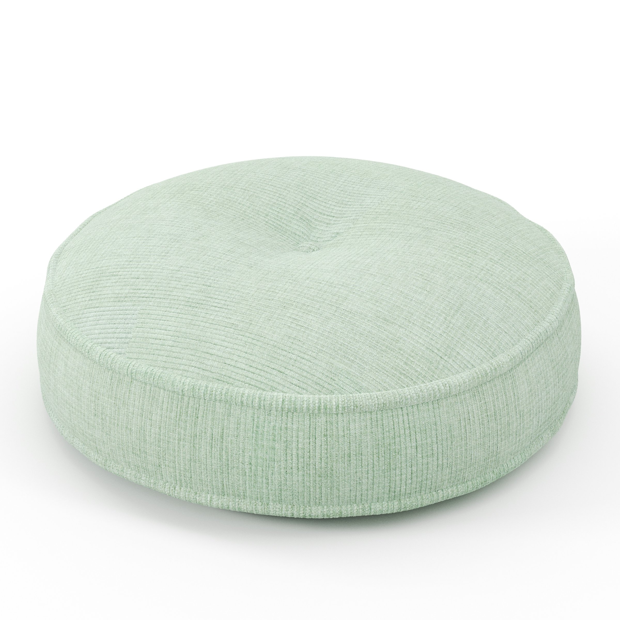 Cove cushion in Caldey Velvet Corduroy Eucalyptus, round tufted cushion with border and piping in soft green corduroy velvet with central tuft, size 50cm x 8.75cm