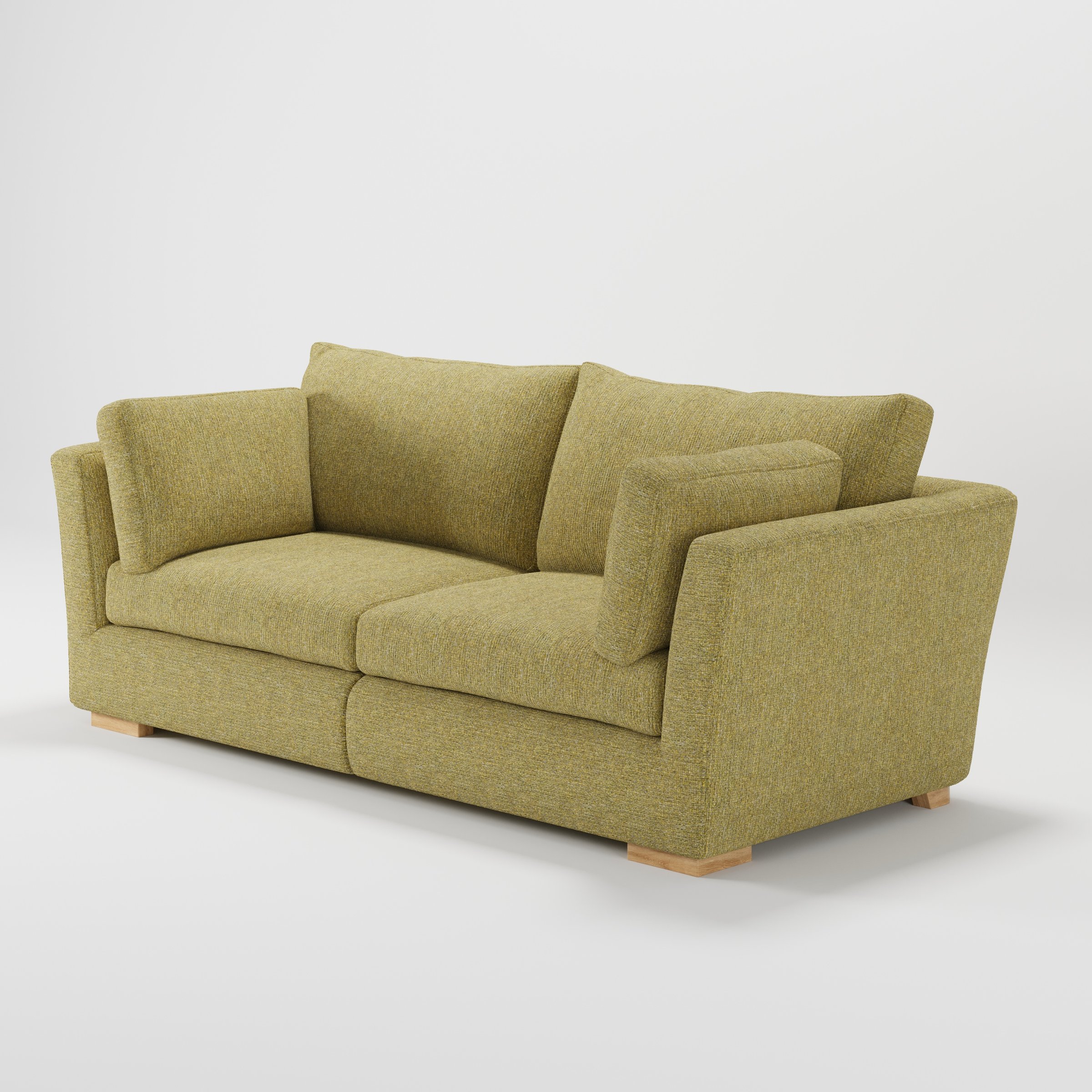 Stowe sofa in Heyling Tweed Sencha shown at a diagonal angle highlighting arm profile and seat depth.