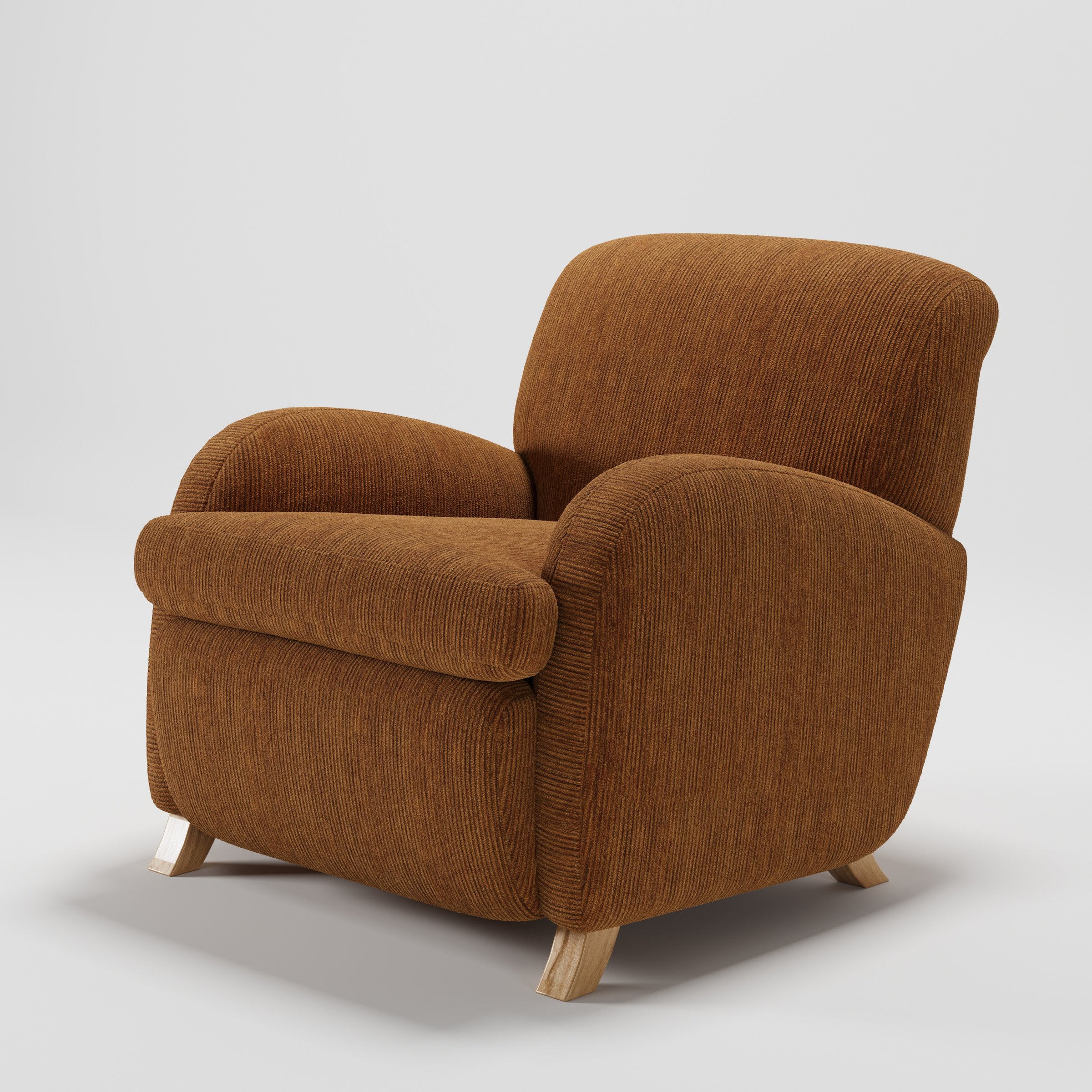 Rye armchair in Caldey Velvet Corduroy Tobacco shown at a diagonal angle highlighting arms and seat depth.