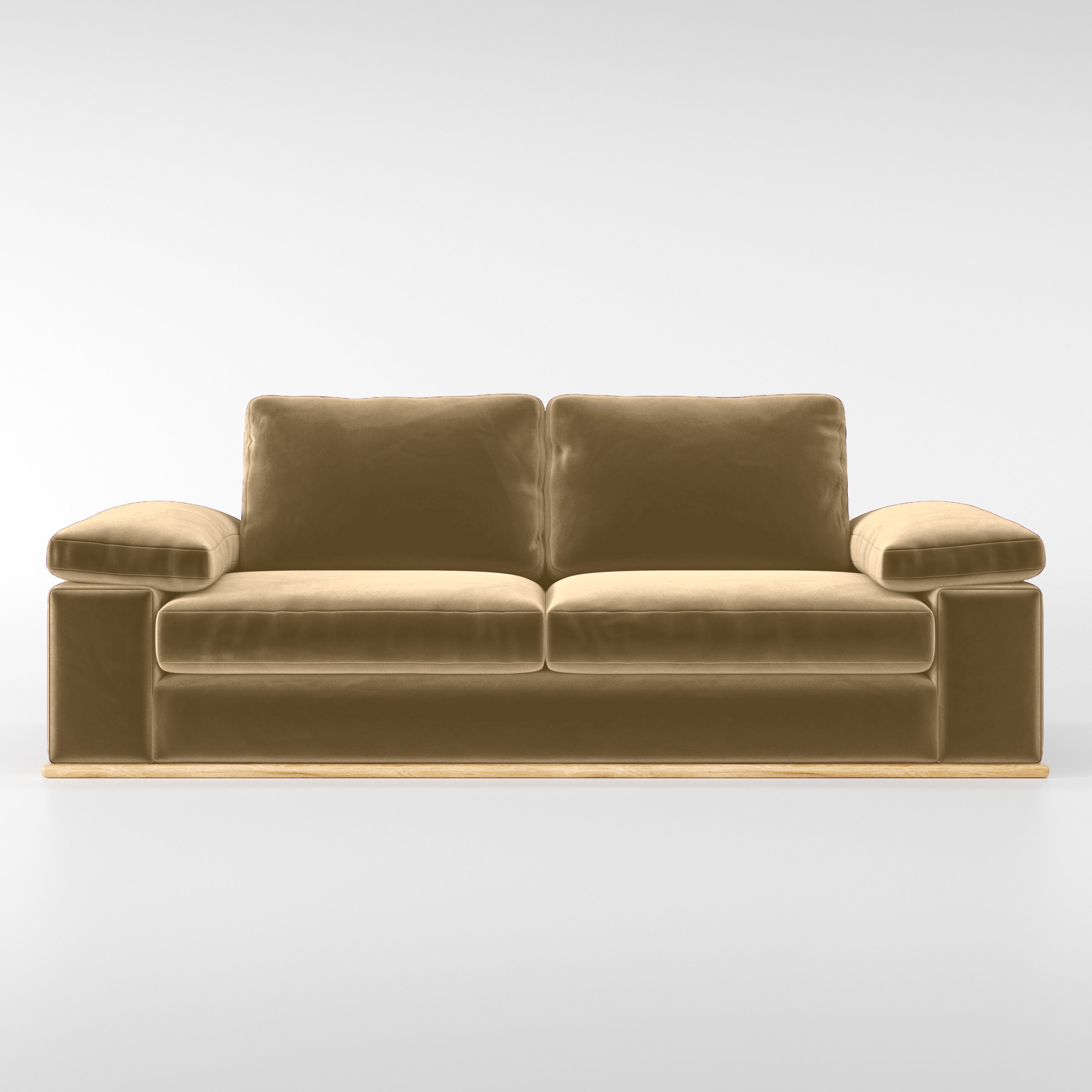 Front view of the Cusher sofa upholstered in Plush EasyClean Velvet in Cafe.