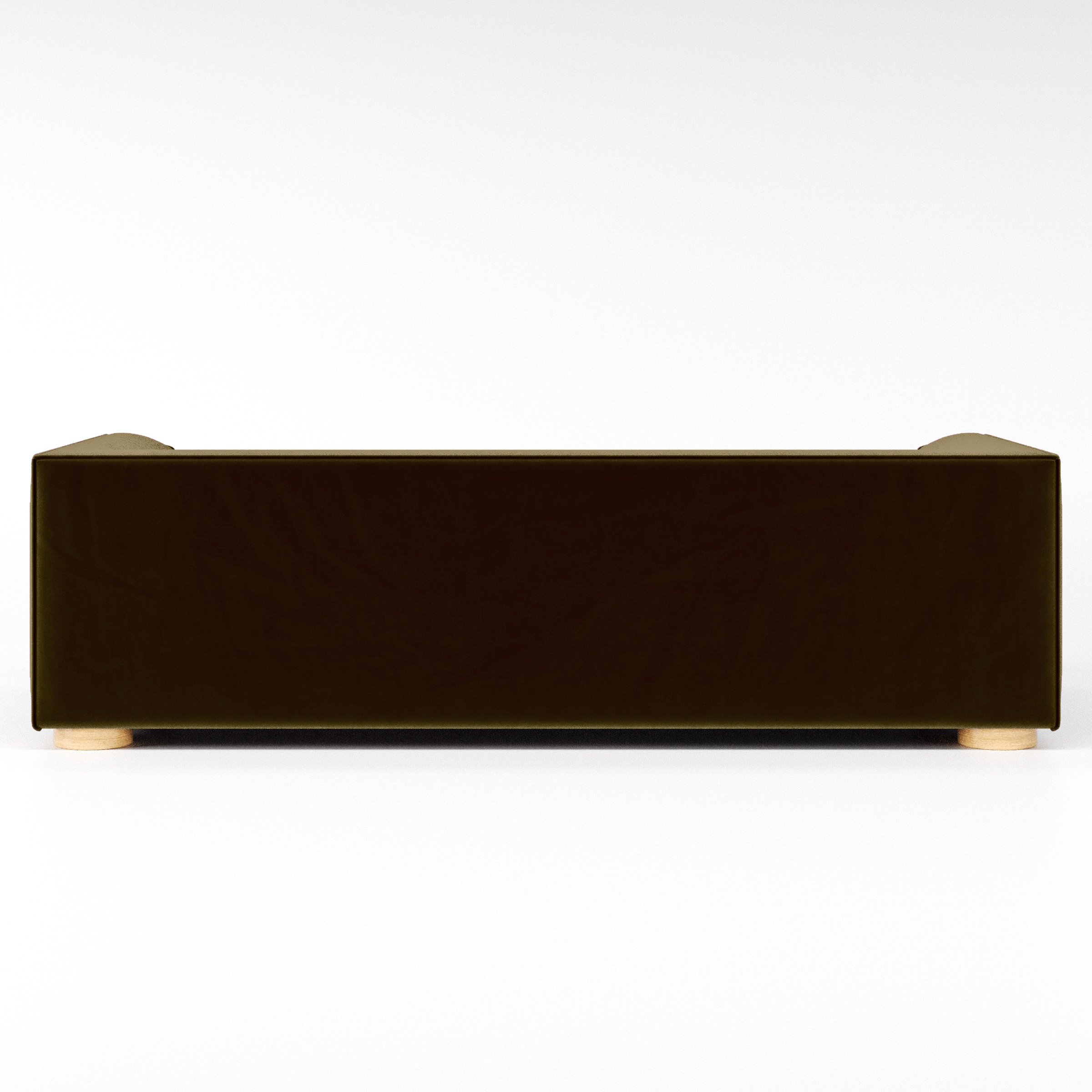 Rear view of the Feale sofa upholstered in Plush EasyClean Velvet in Cedar.