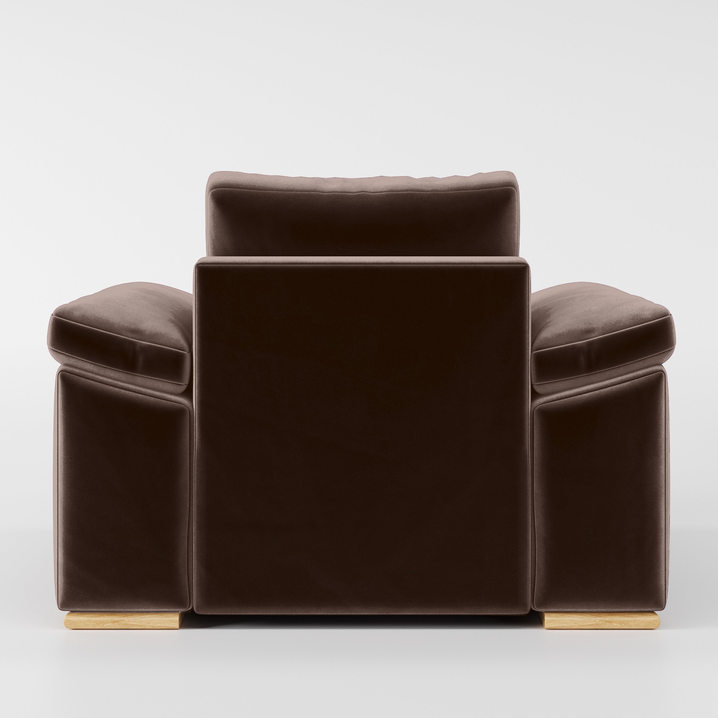 Rear view of the Moy armchair upholstered in Plush EasyClean Velvet in Mole.