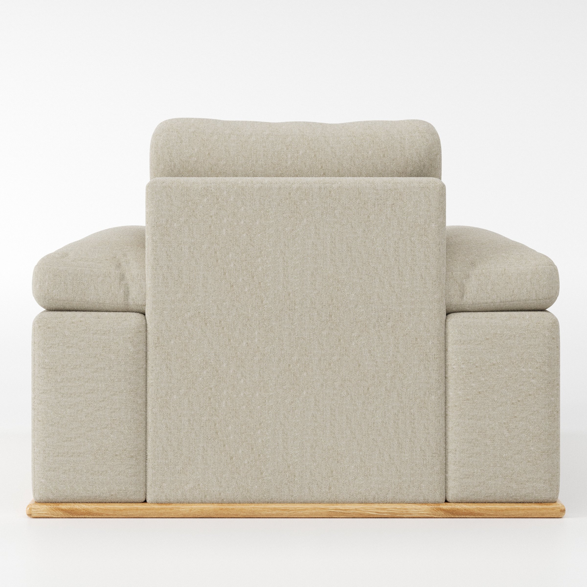Cusher armchair in Alderney Linen Oatmeal shown from the rear highlighting backrest shape and upholstery finish.