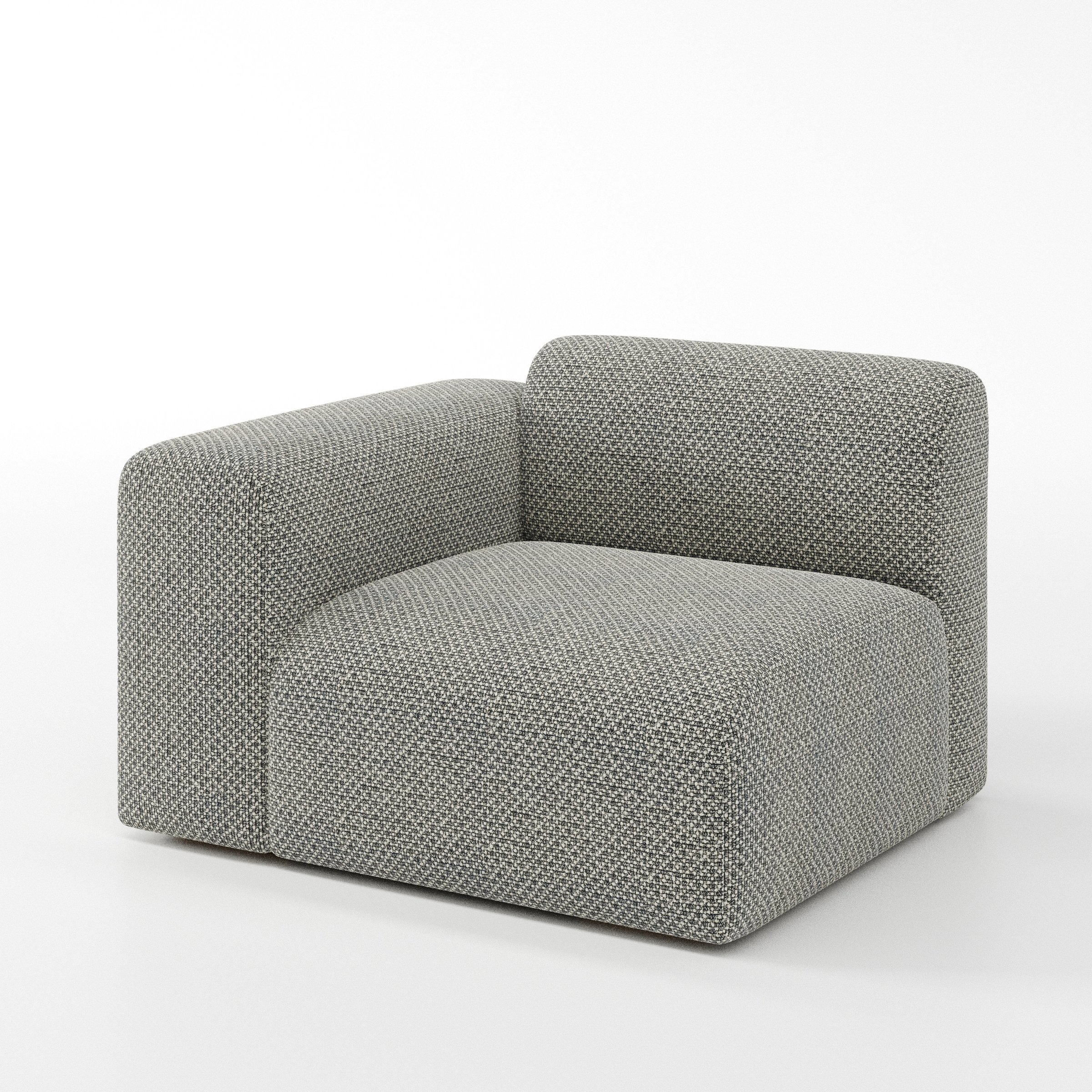 Drumquin modular sofa left side unit in Rousay Wool Blend Tar and Chalk shown at a diagonal angle highlighting the curved left armrest and generous seat depth.