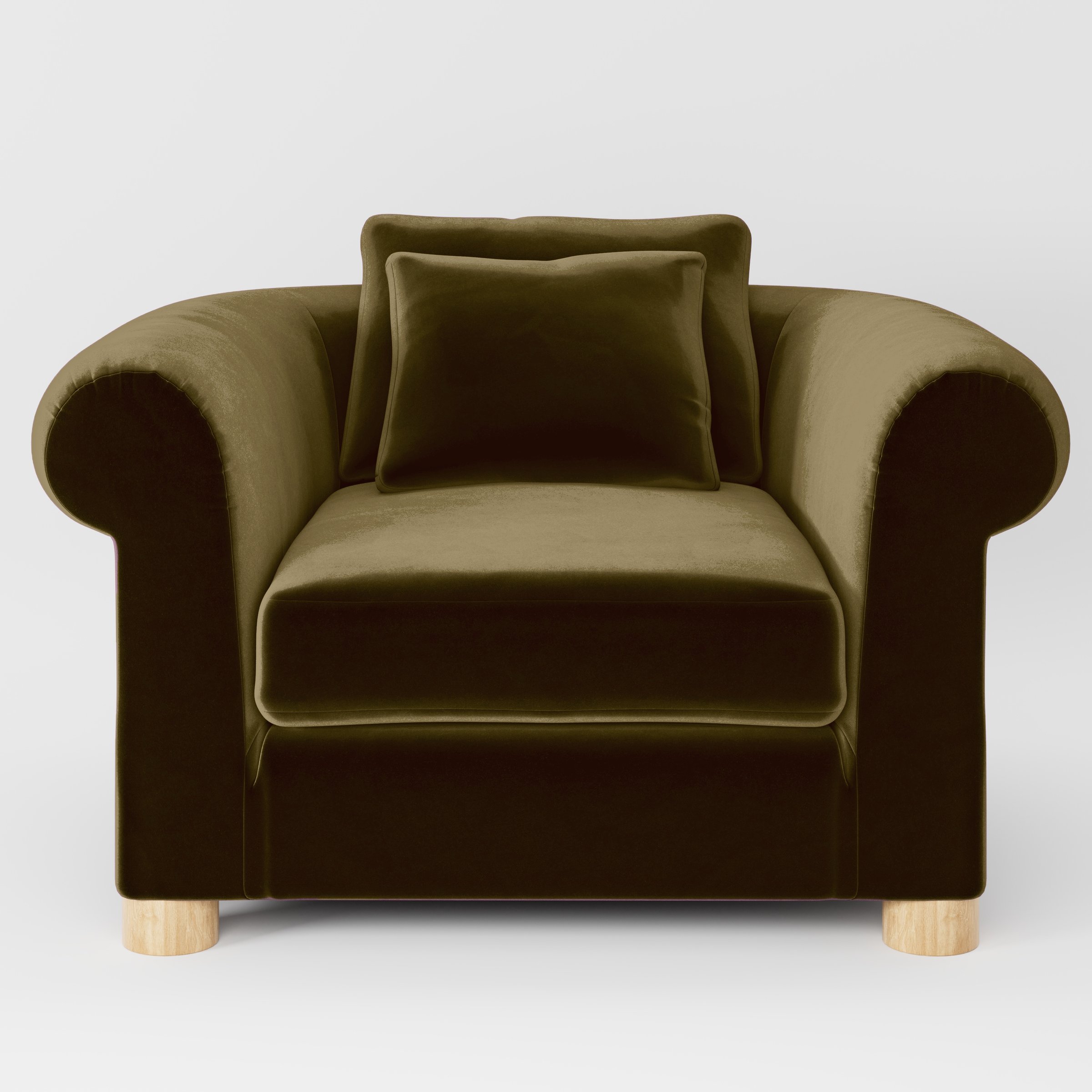 Front view of the Windermere armchair upholstered in Plush EasyClean Velvet in Cedar.