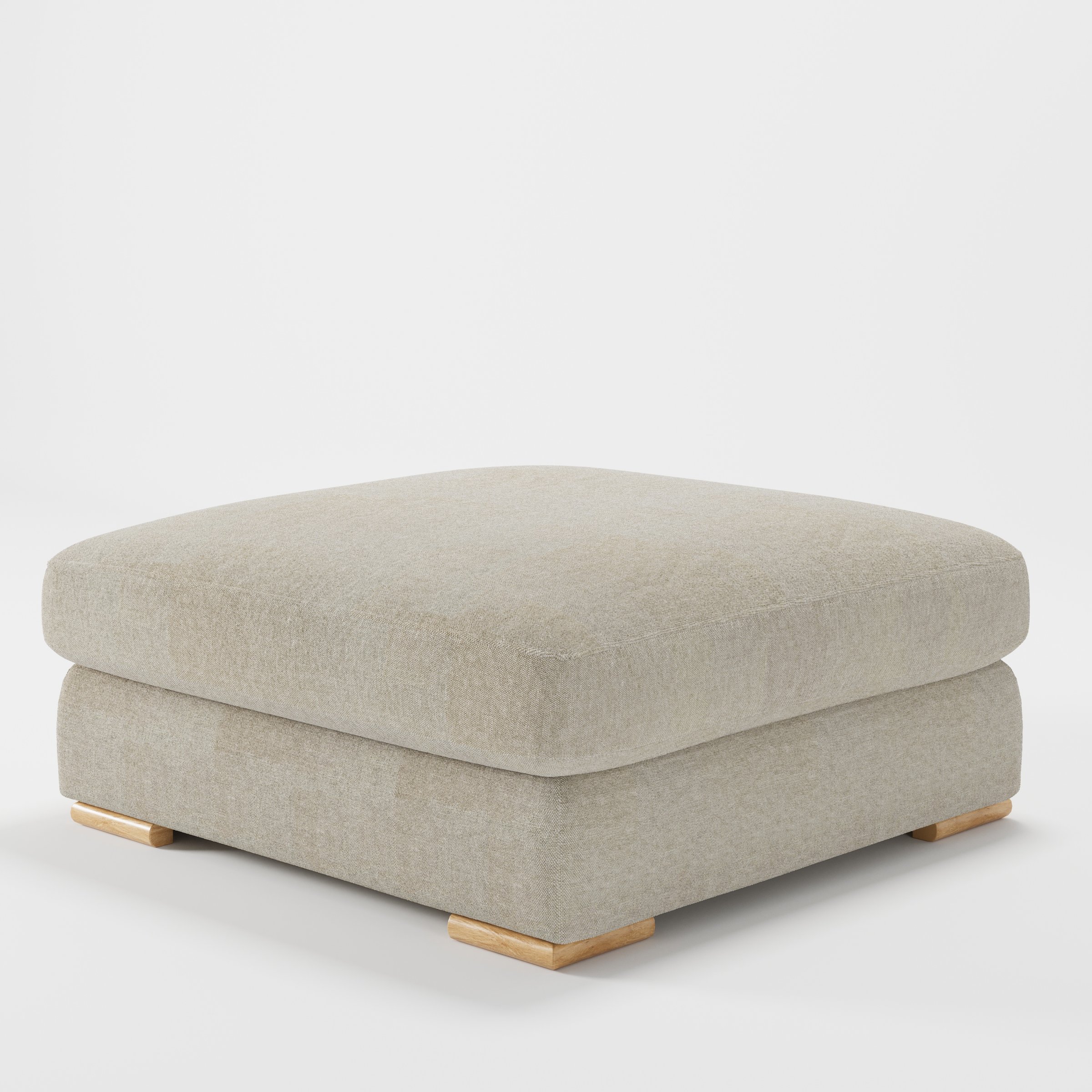 Olton footstool in Alderney Linen Oatmeal shown at a diagonal angle highlighting low profile and inset wooden base.