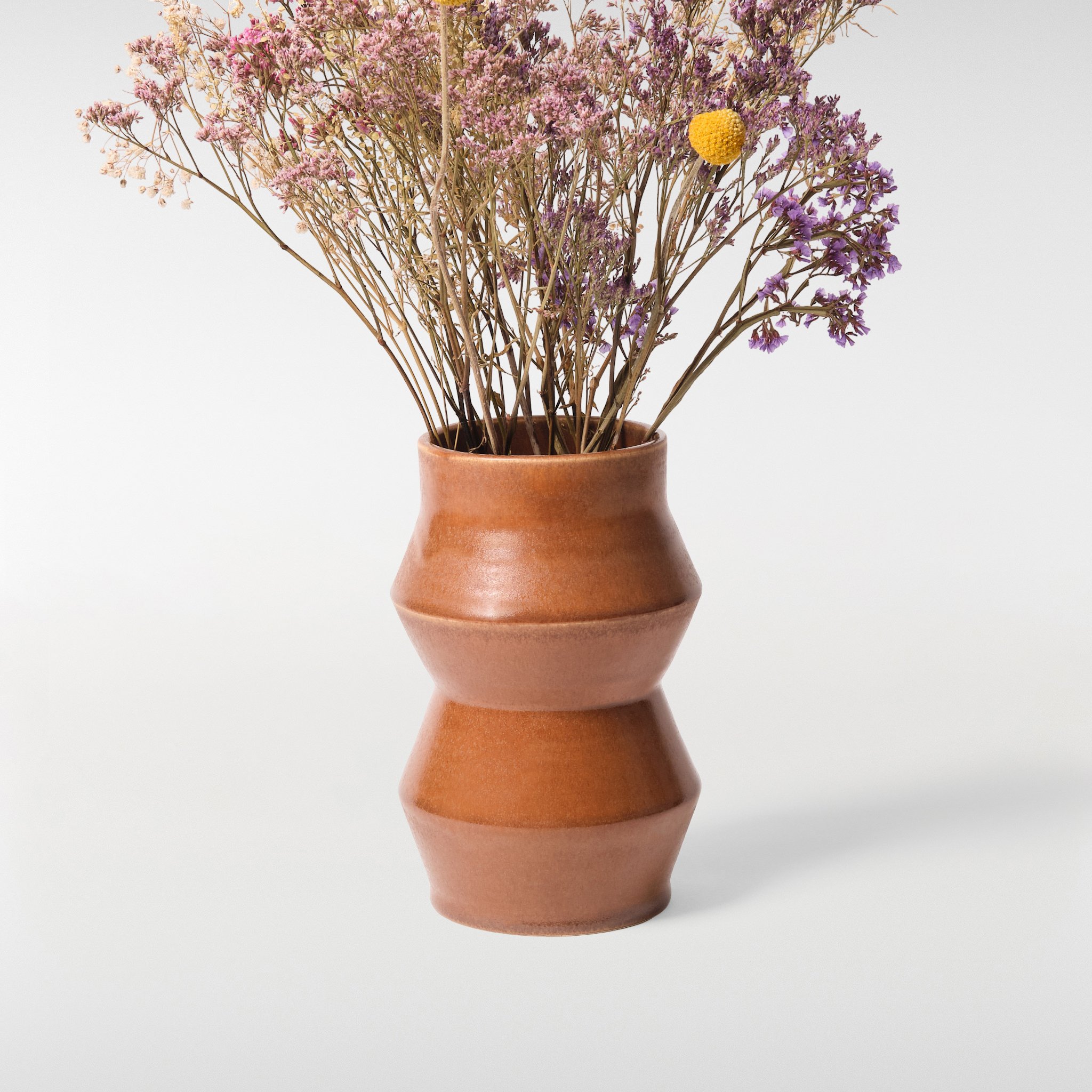 Chamfer Vase 1 in warm brown glaze with dried flowers, sculptural ceramic vase with angular stacked form