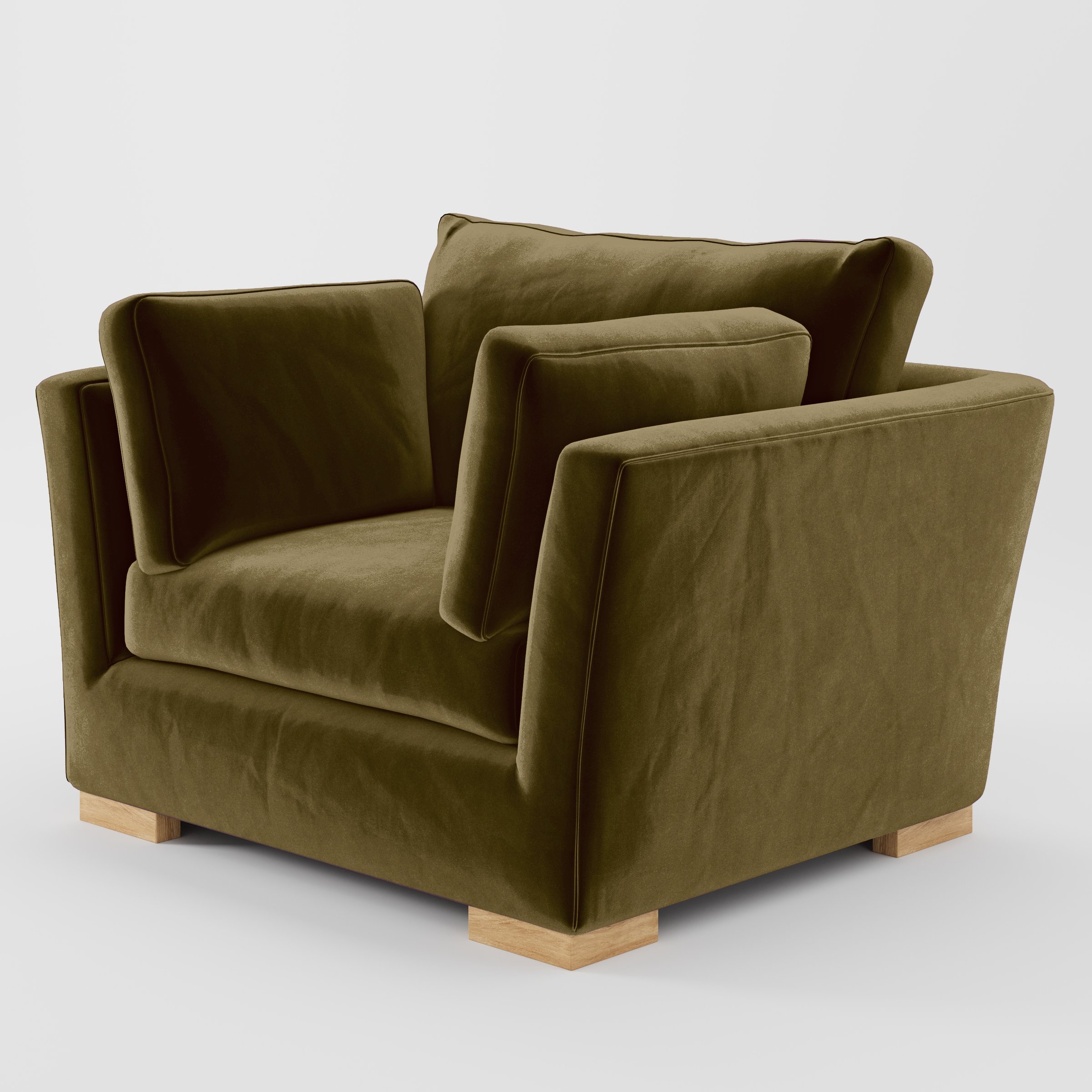 Diagonal view of the Stowe armchair upholstered in Plush EasyClean Velvet in Cedar.
