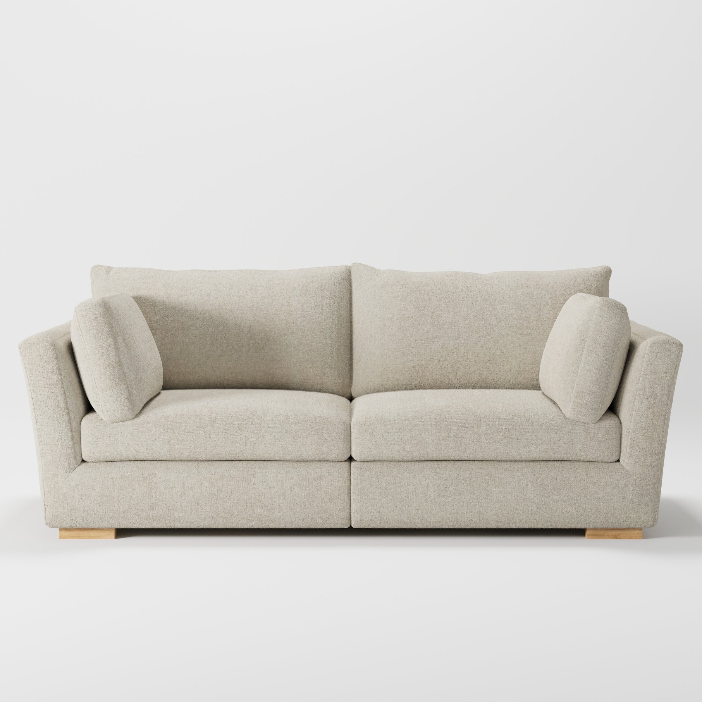 Stowe sofa in Alderney Linen Oatmeal shown front-on against a neutral studio backdrop.