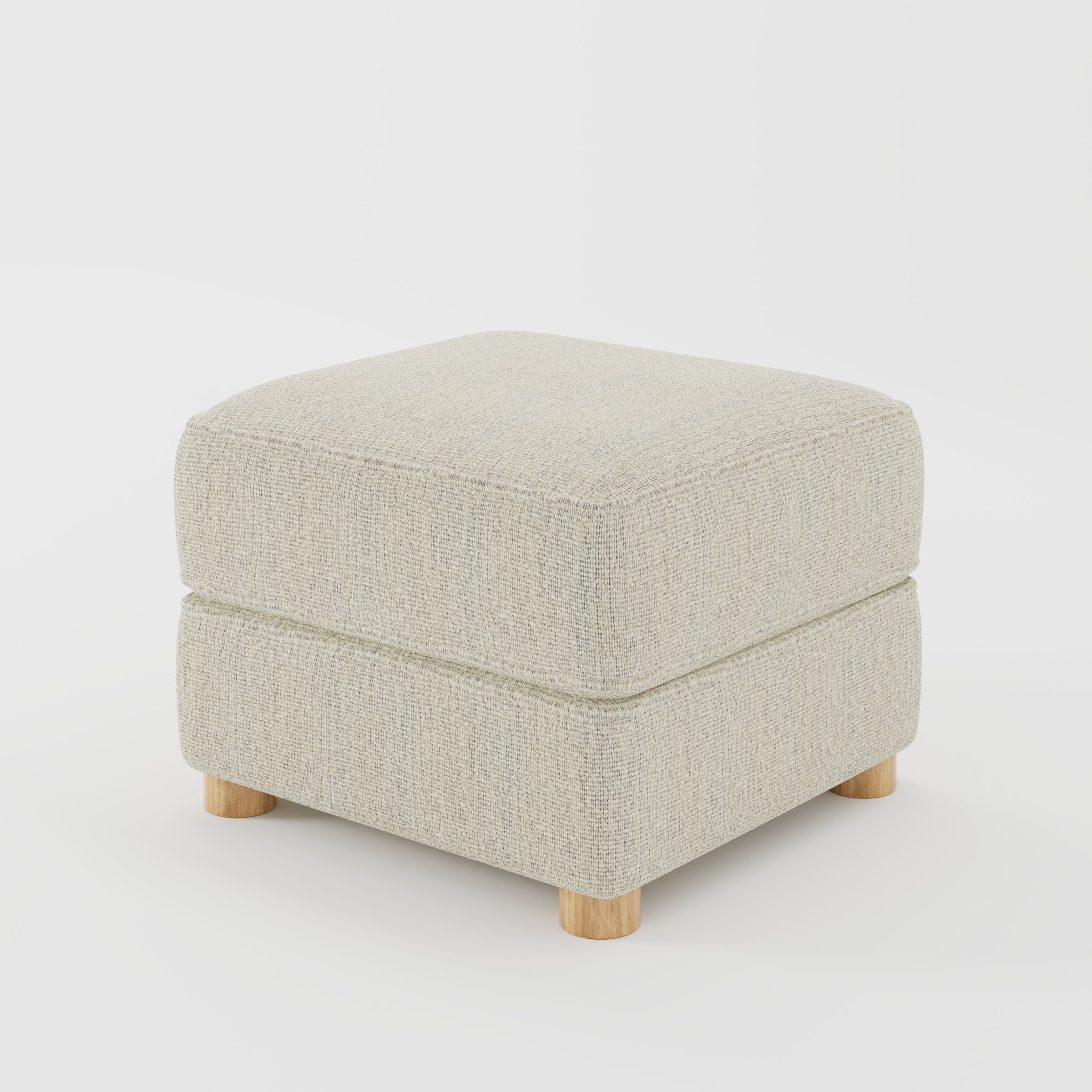 Fergus footstool in Orsay Boucle Cream and Marine shown at a diagonal angle highlighting compact proportions and rounded wooden feet.