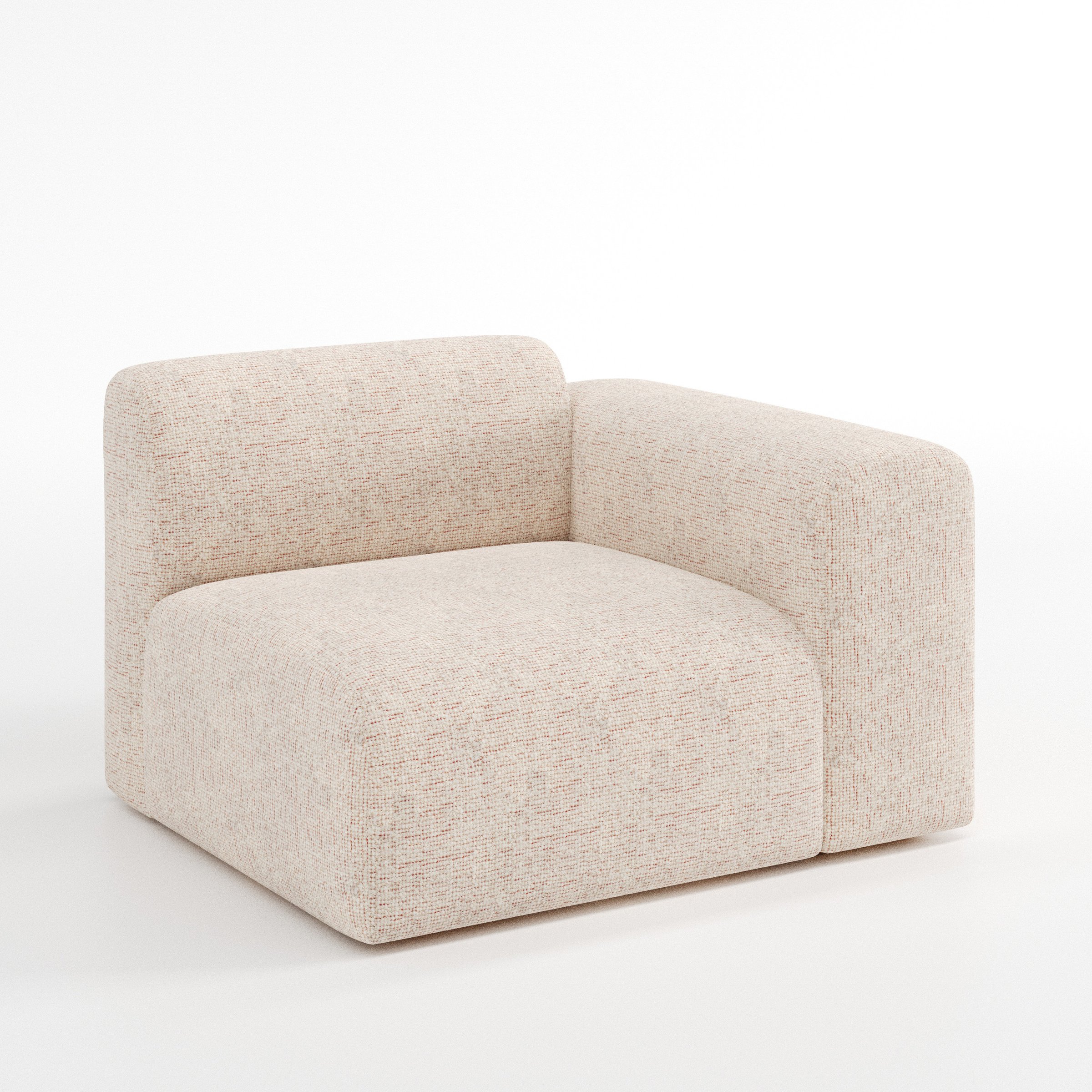 Drumquin modular sofa right side unit in Orsay Bouclé Cream and Copper shown at a diagonal angle highlighting the curved right armrest and generous seat depth.