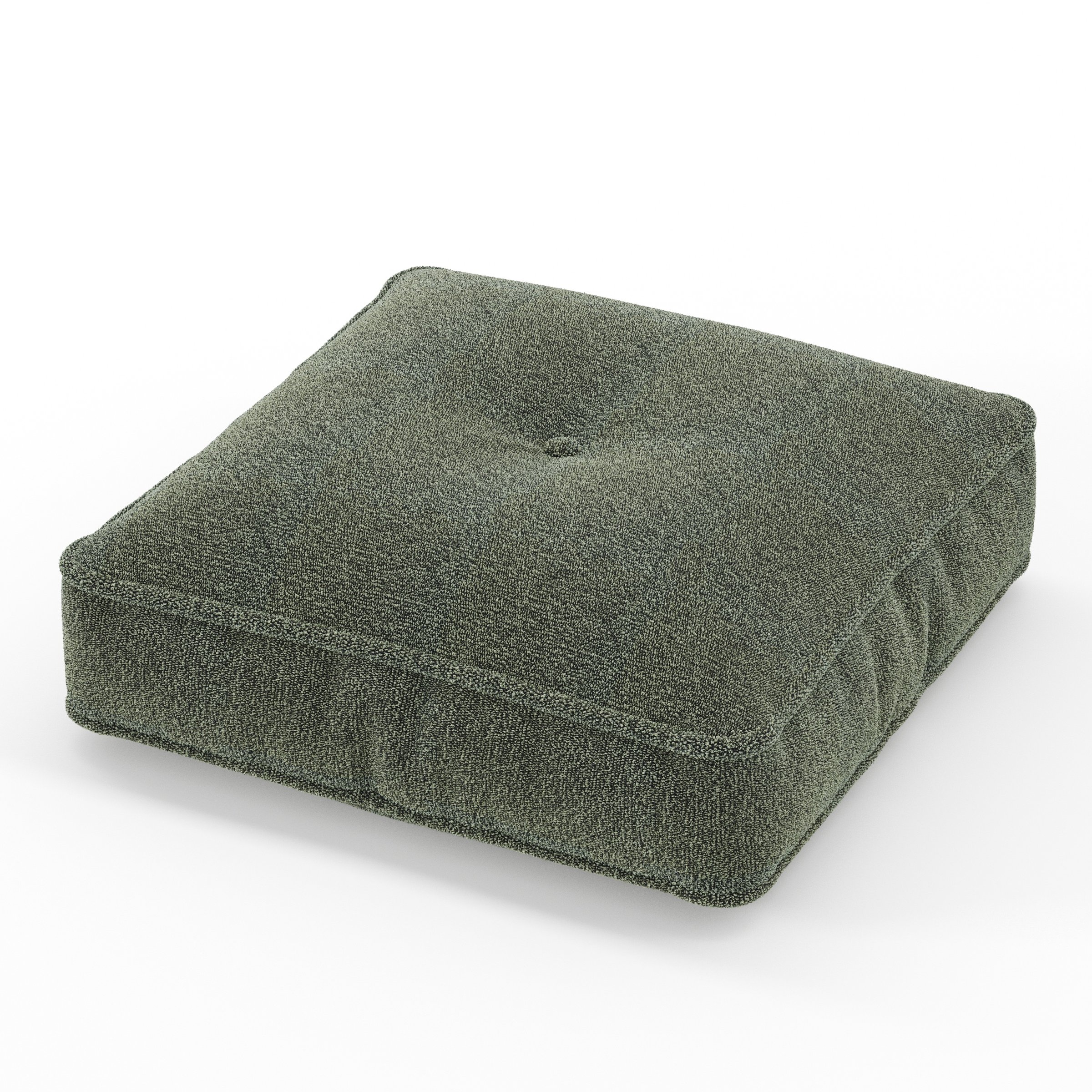 Base cushion in Kilda Boucle Moss, square tufted cushion with border and piping in textured grey boucle with central tuft, size 40cm x 40cm x 8.75cm