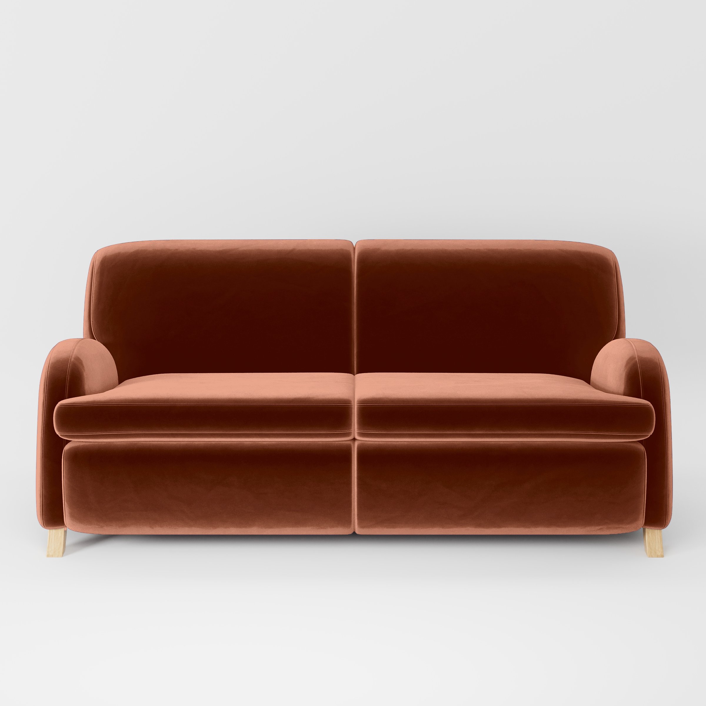 Front view of the Rye sofa upholstered in Plush EasyClean Velvet in Apricot.