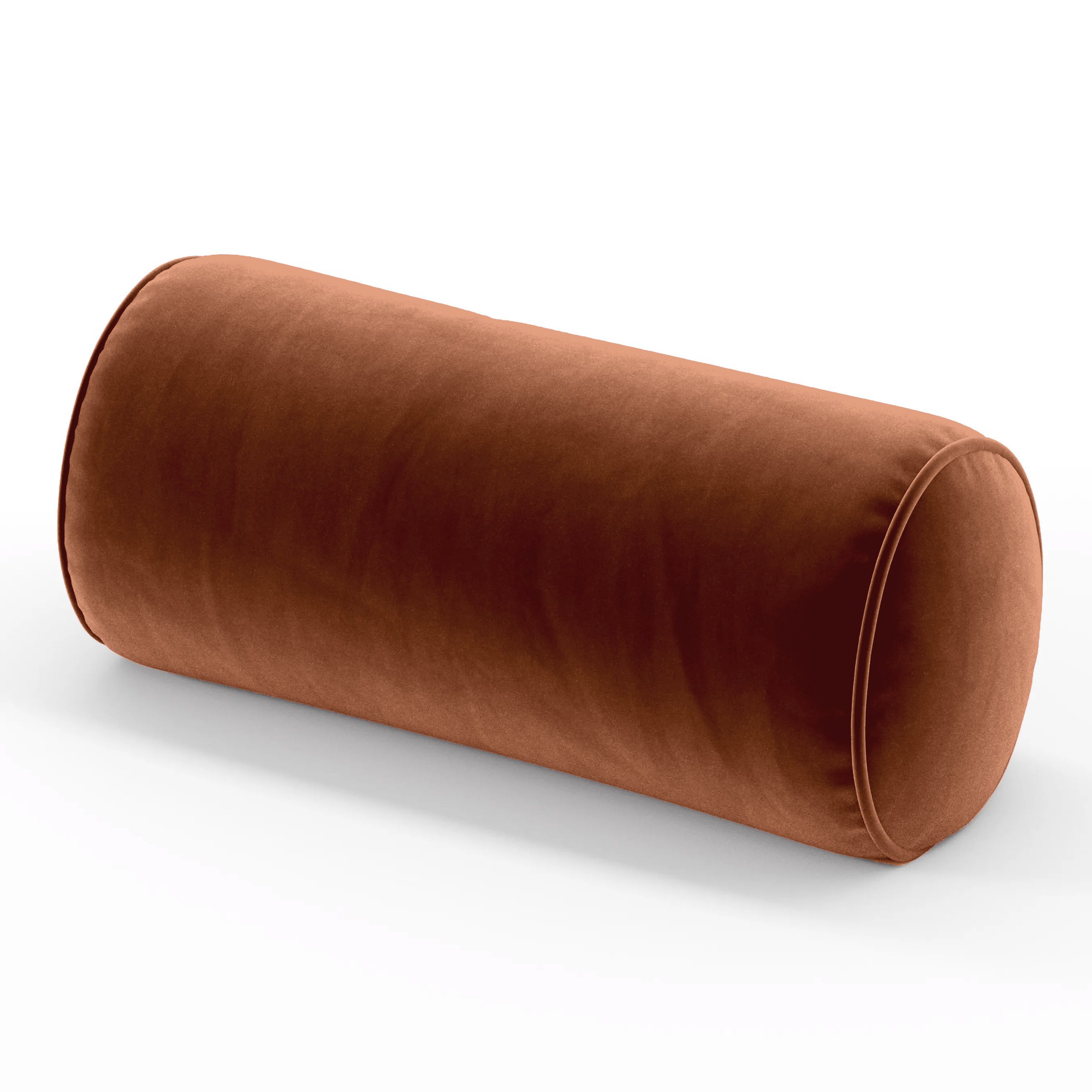 Ledger Cushion cylindrical bolster cushion with piping upholstered in Plush EasyClean Velvet in Apricot, size 26cm x 56cm.