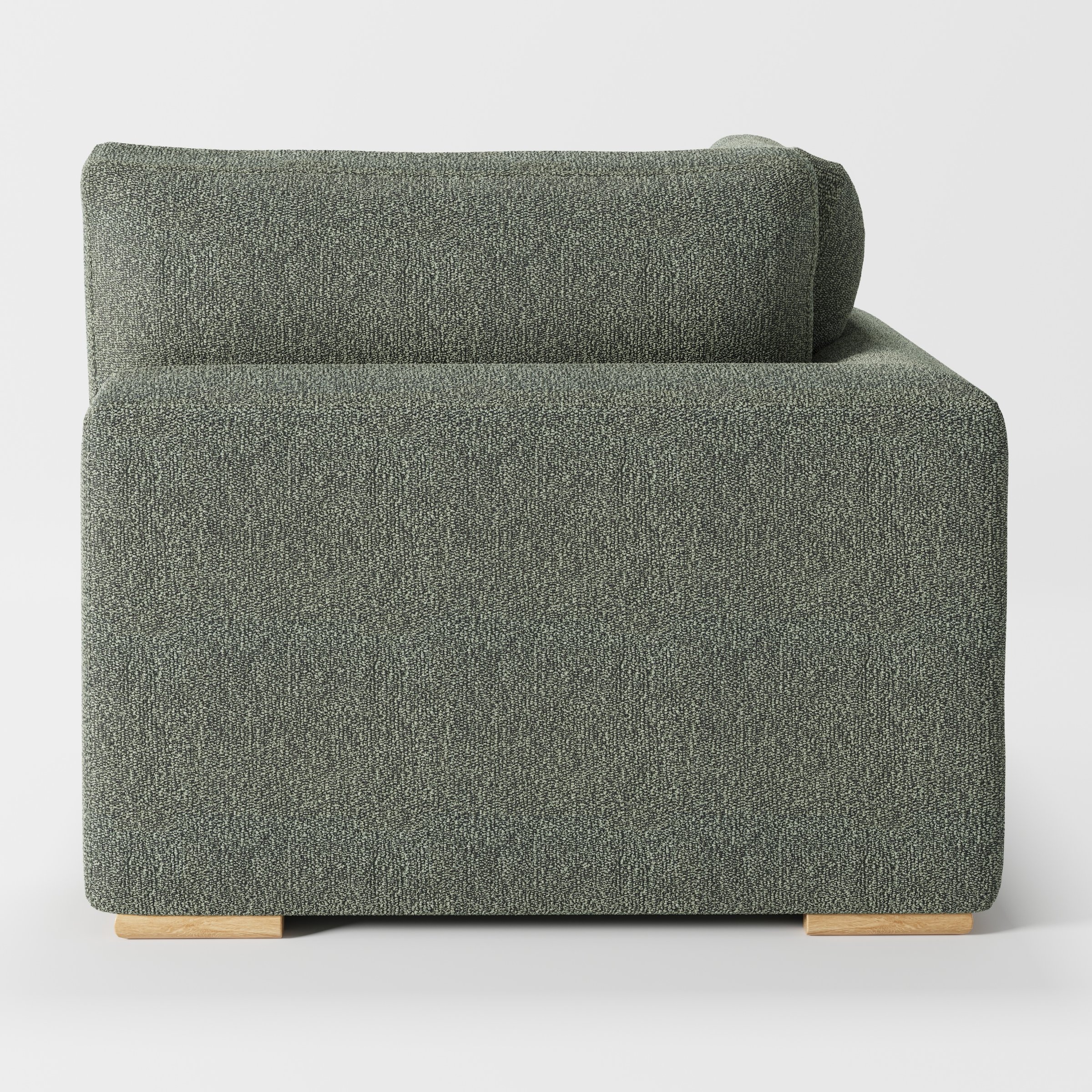Olton corner unit in Kilda bouclé moss fabric, back view showing full upholstery and organic texture