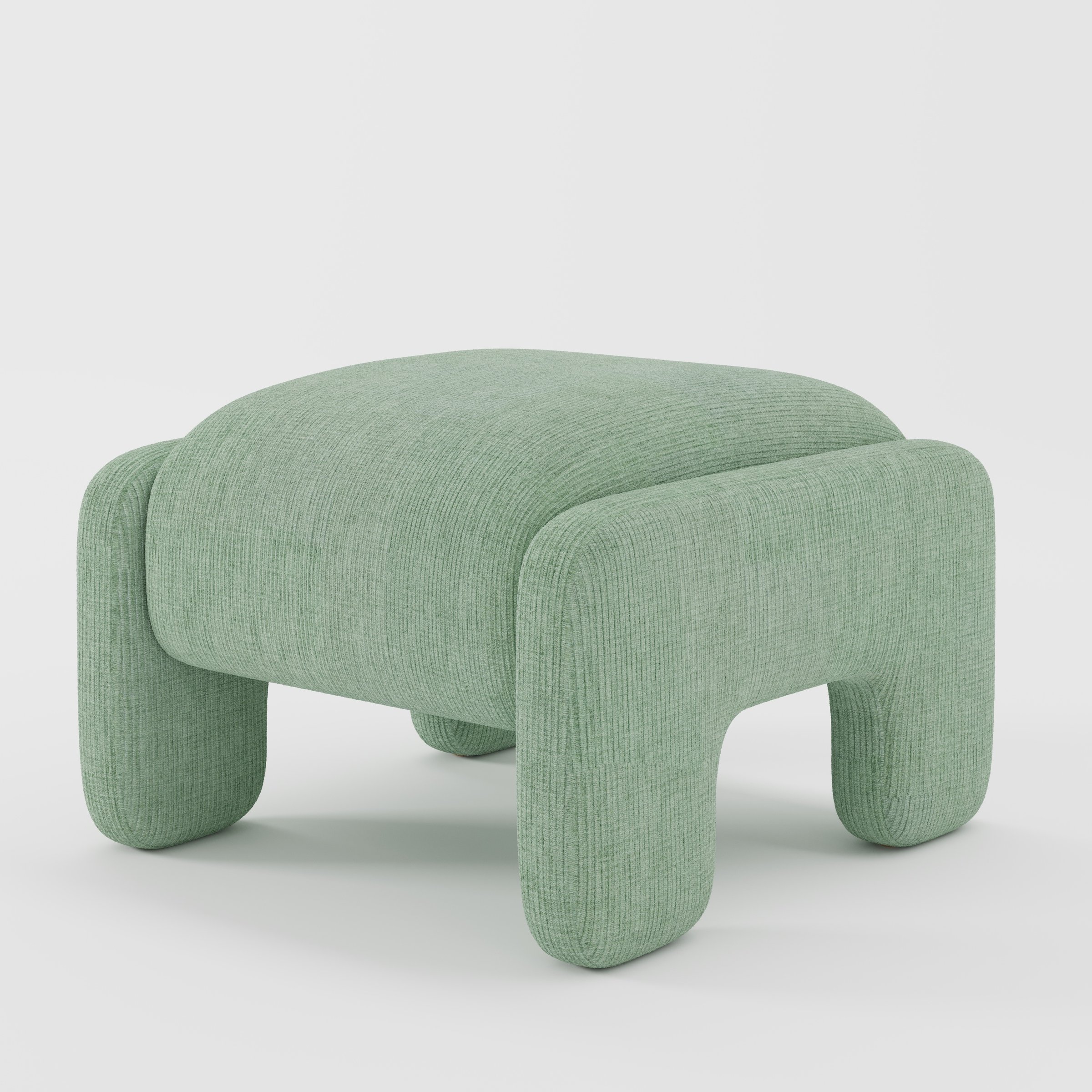 Inny footstool in Caldey velvet corduroy eucalyptus fabric, diagonal view highlighting soft curves and tonal depth