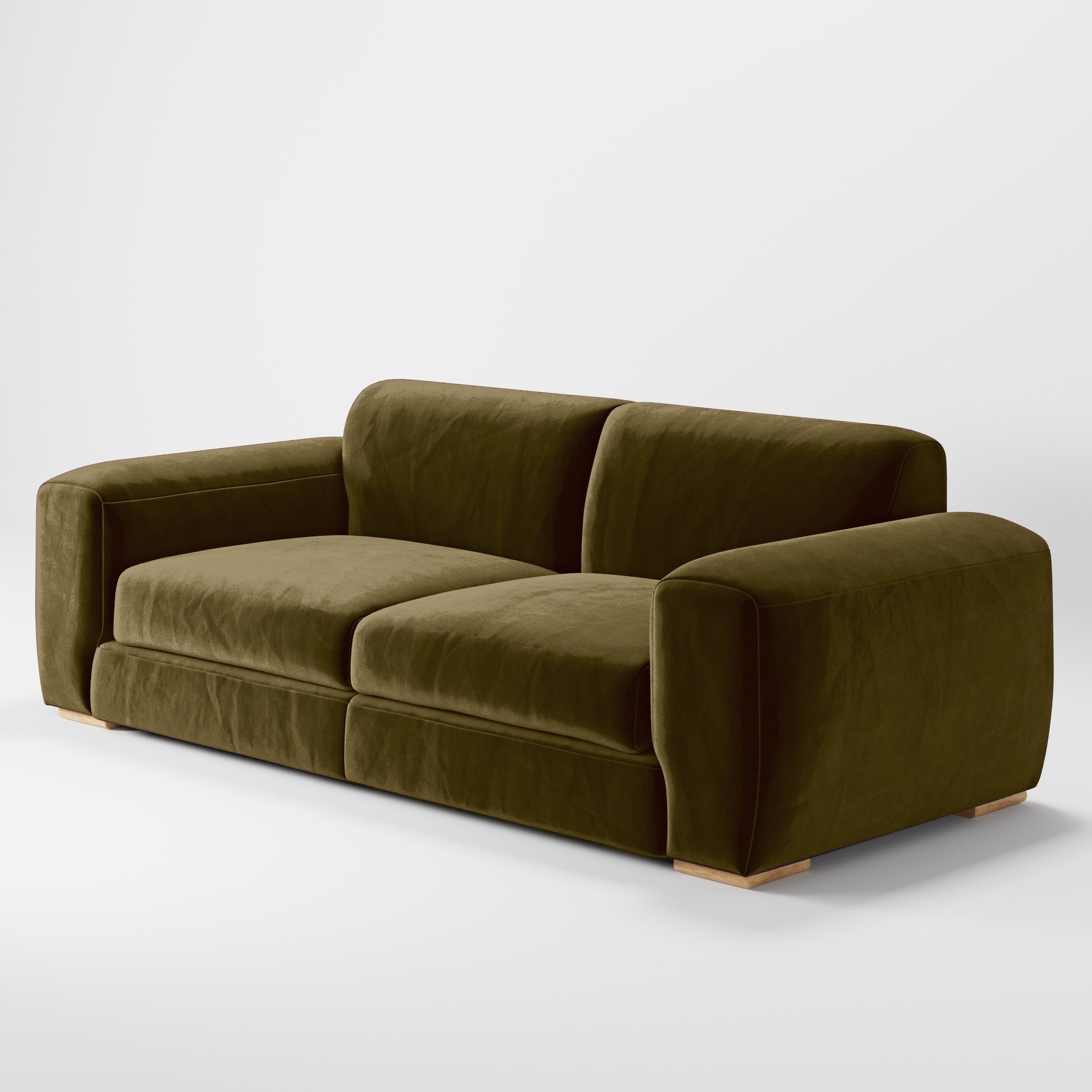 Diagonal view of the Darwell sofa upholstered in Plush EasyClean Velvet in Cedar.