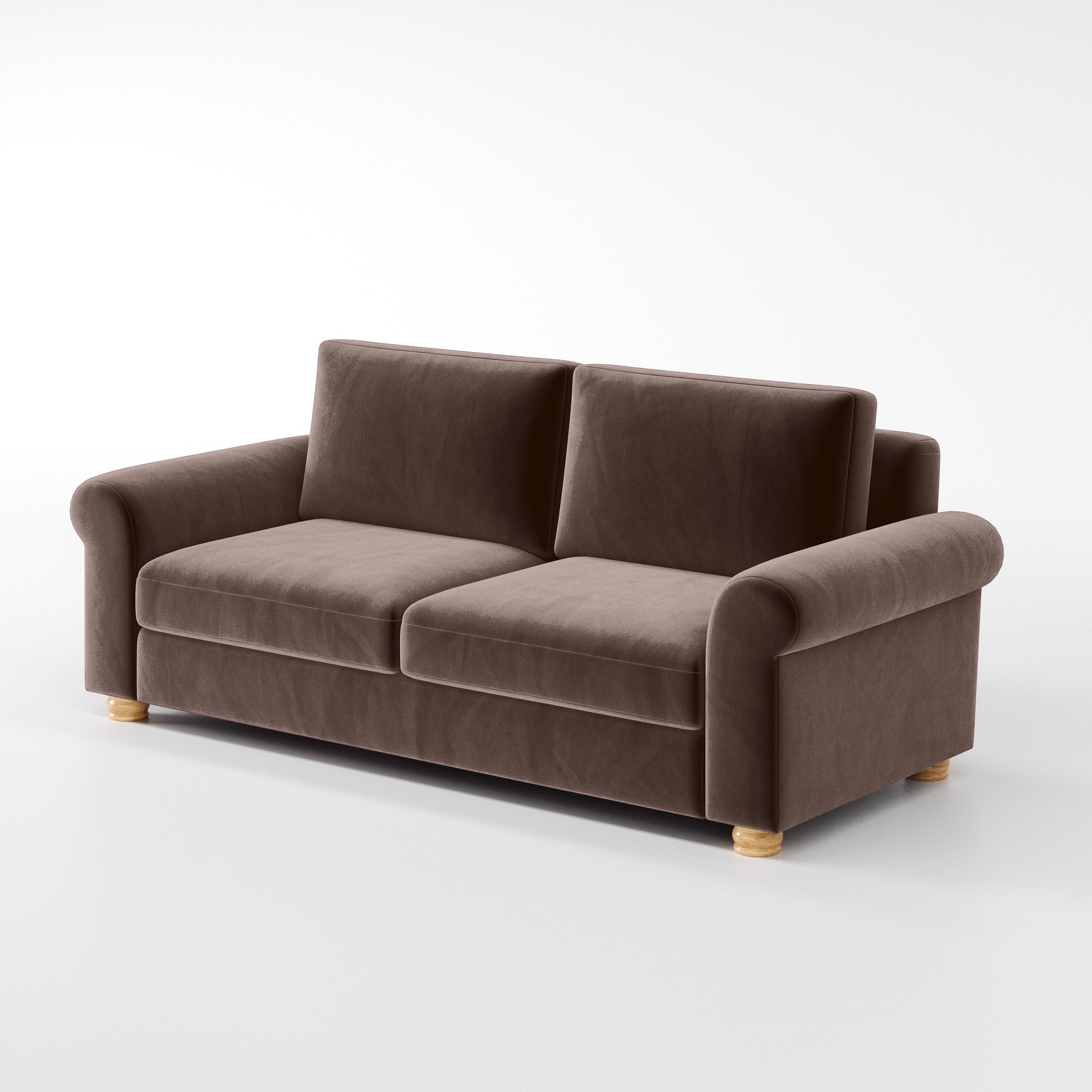 Diagonal view of the Anna Lee sofa upholstered in Plush EasyClean Velvet in Mole.