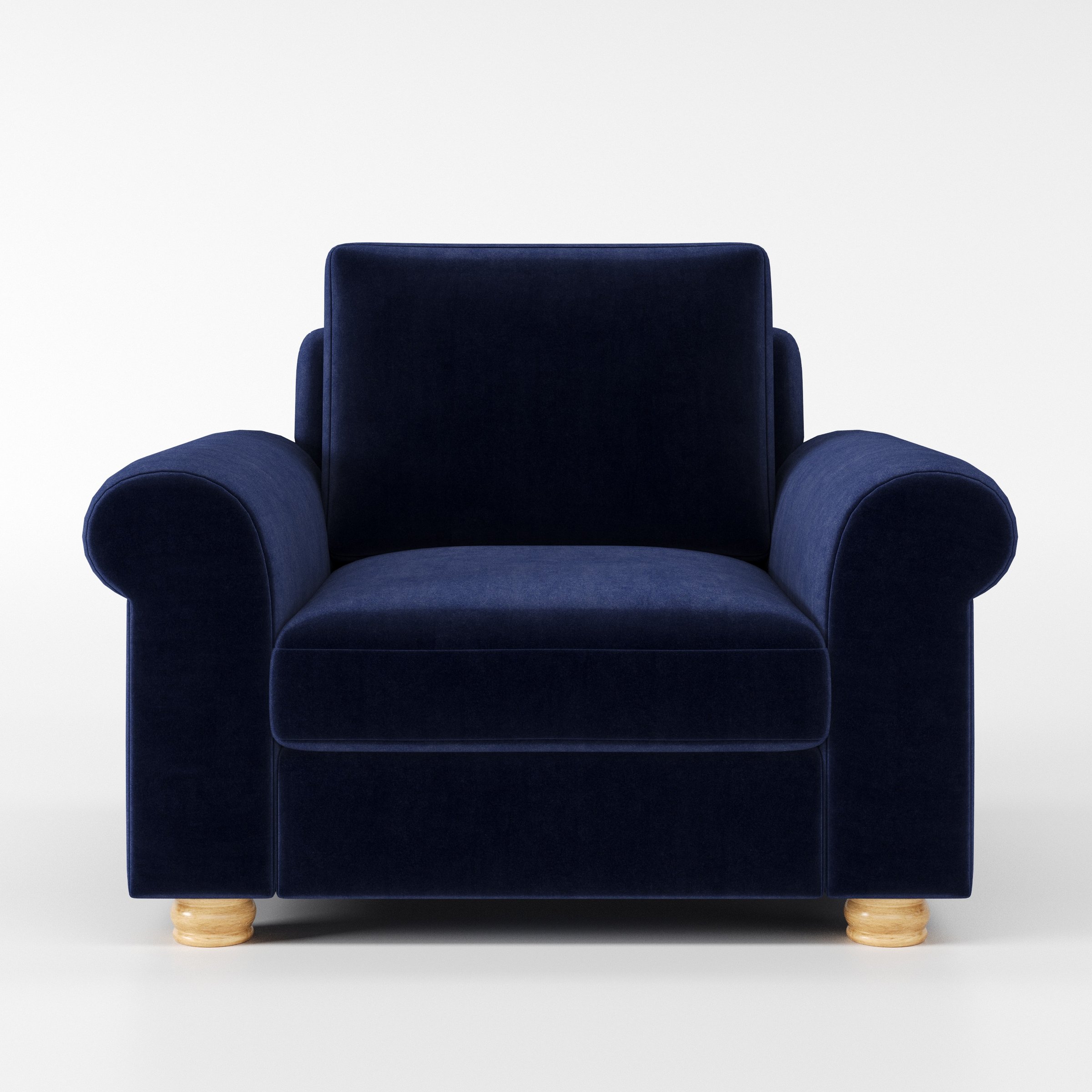 Anna Lee armchair in Noss Velvet Navy shown front-on against a neutral studio backdrop.