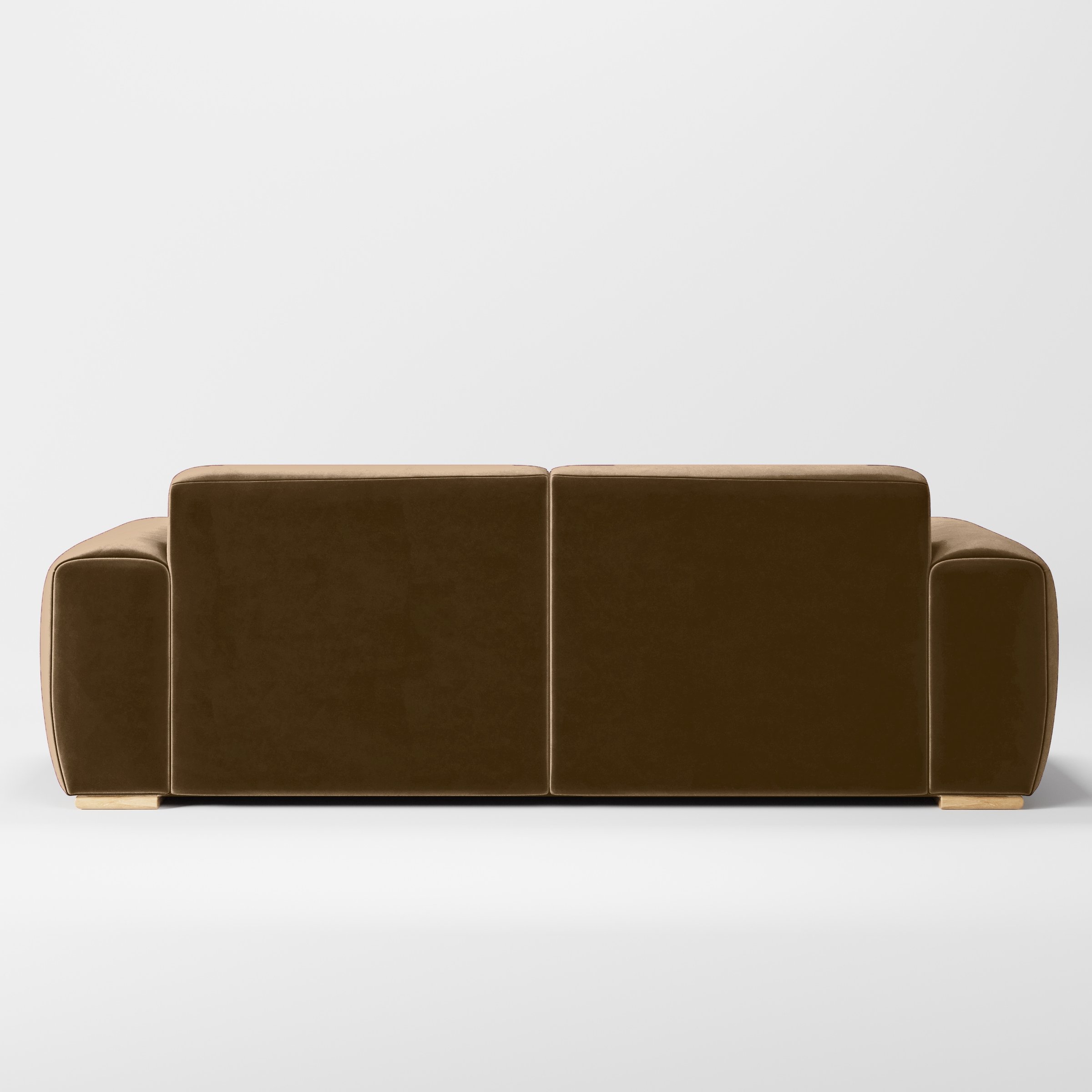 Rear view of the Darwell sofa upholstered in Plush EasyClean Velvet in Caribou.