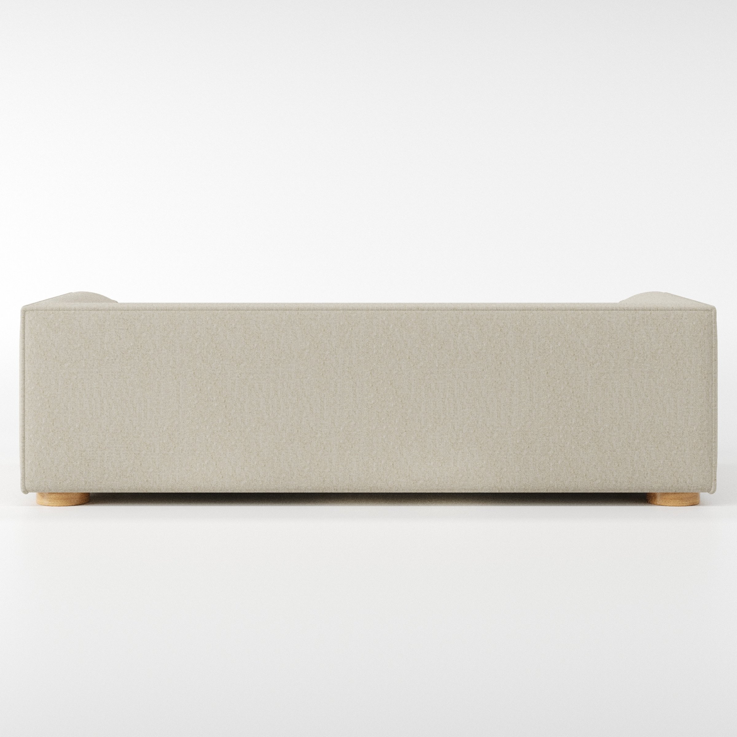 Feale sofa in Alderney Linen Oatmeal shown from the rear highlighting back cushions and upholstery finish.