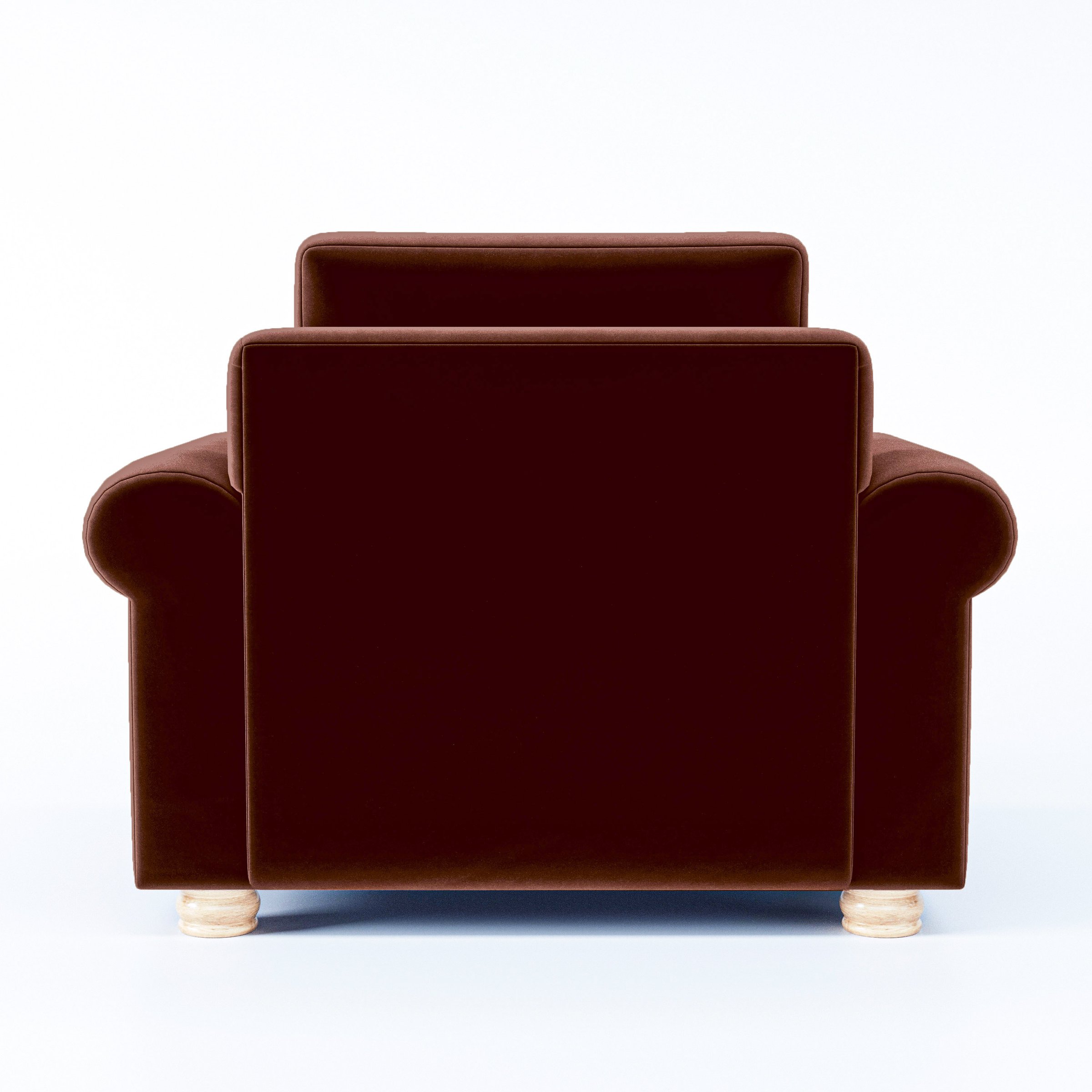Rear view of the Anna Lee armchair upholstered in Plush EasyClean Velvet in Maple.