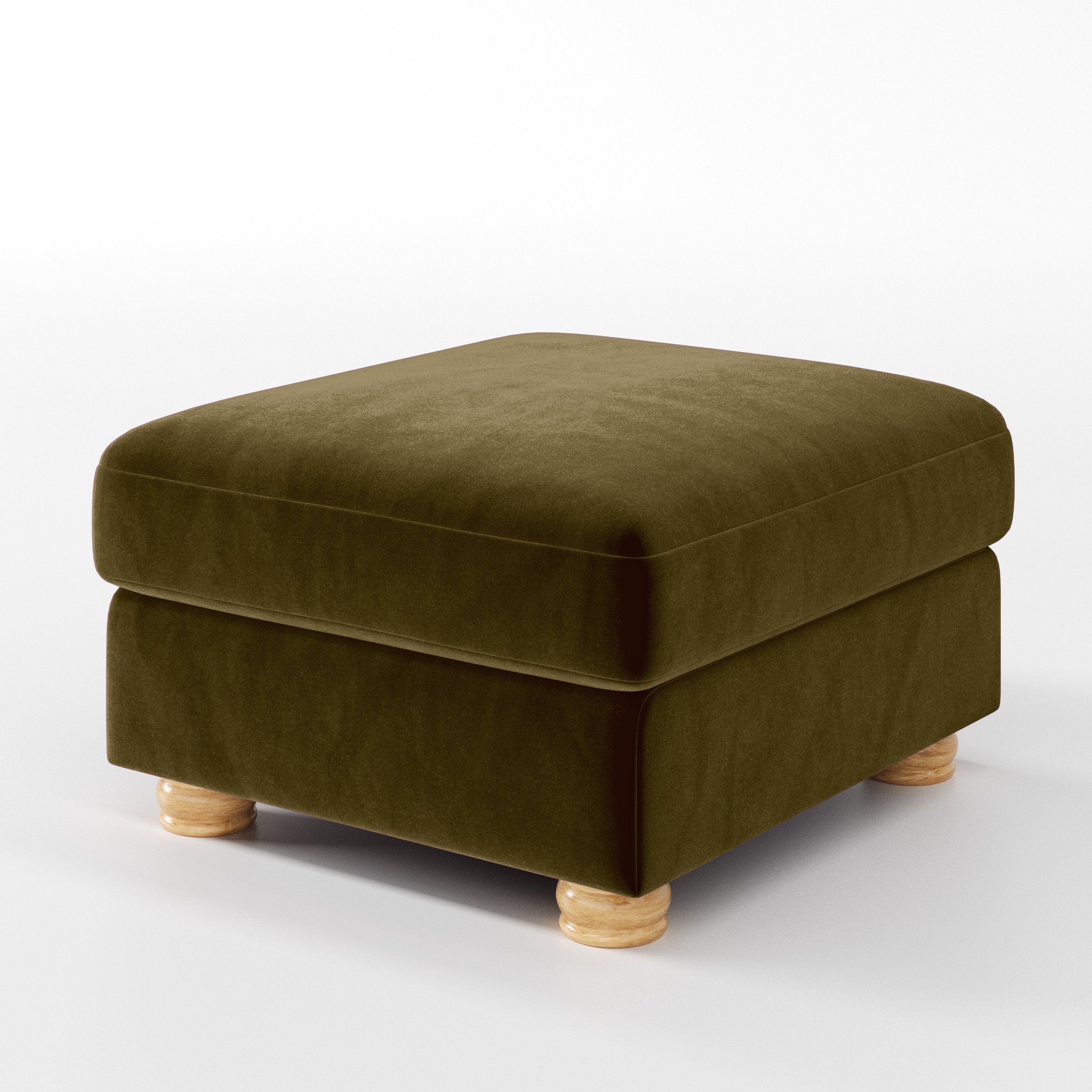 Diagonal view of the Anna Lee footstool upholstered in Plush EasyClean Velvet in Cedar.