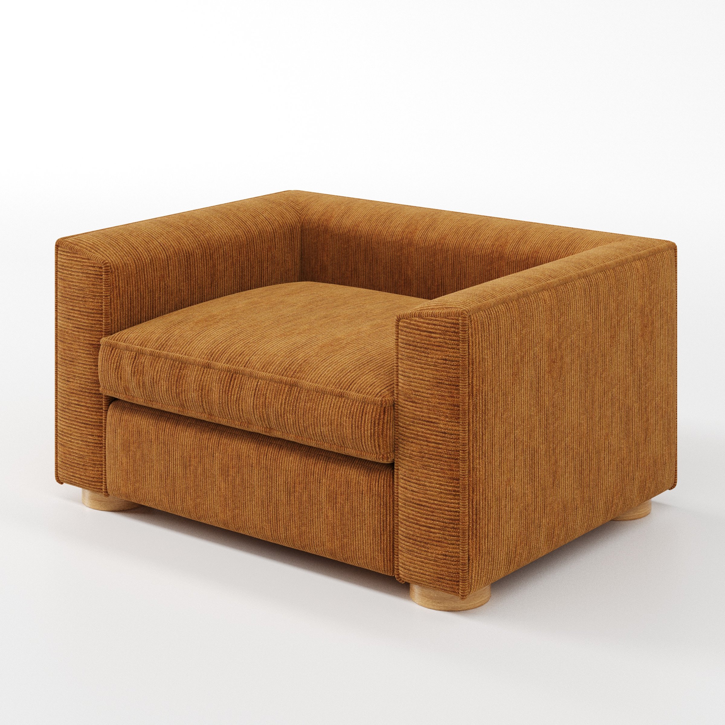 Feale armchair in Caldey Velvet Corduroy Tobacco shown at a diagonal angle highlighting arms and seat depth.