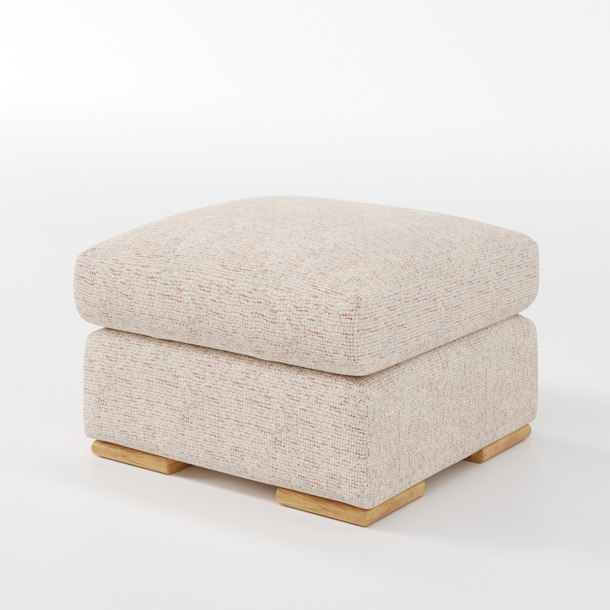 Moy footstool in Orsay Boucle Cream and Copper shown at a diagonal angle highlighting deep cushioning and low wooden base.