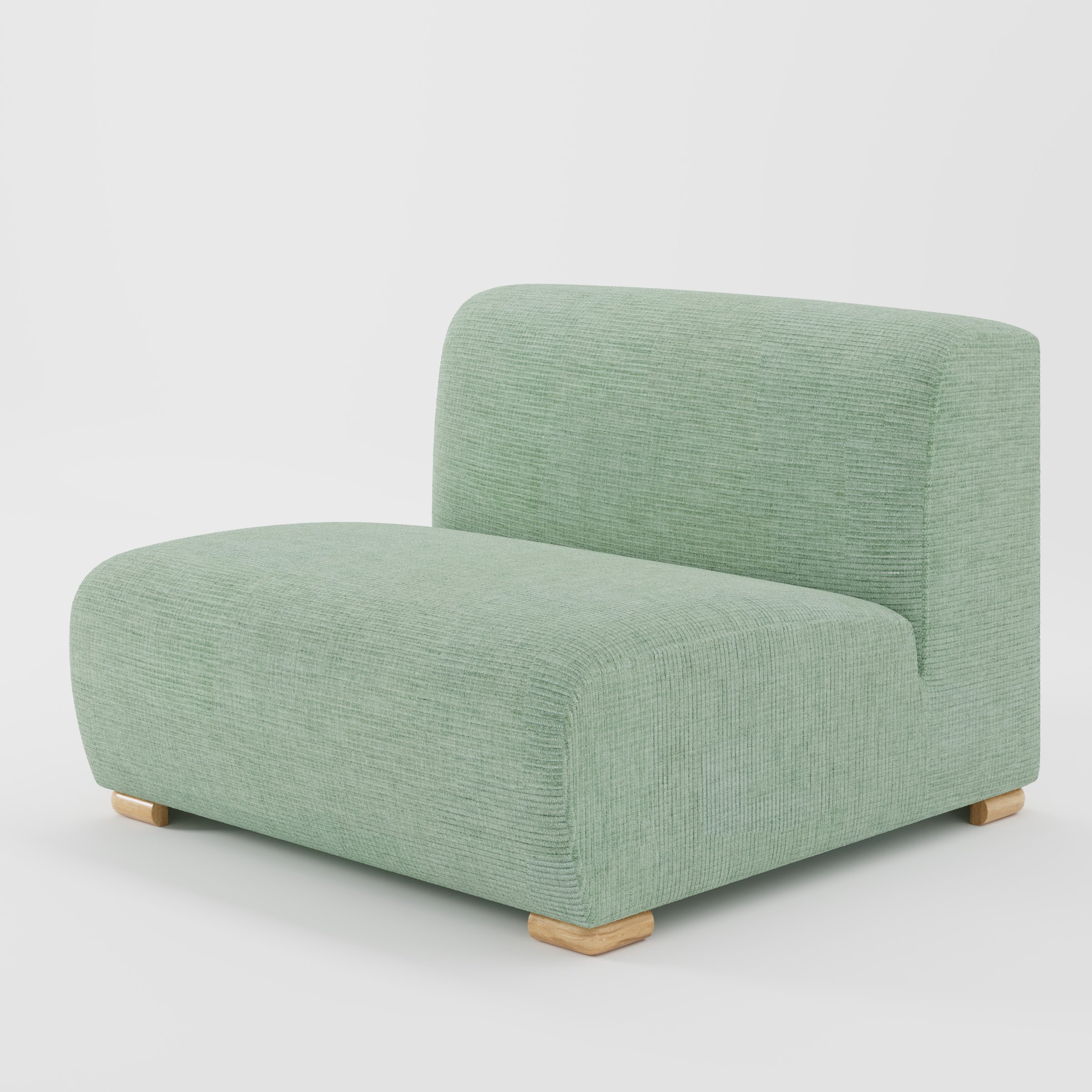 Tay single sofa unit in Caldey Velvet Corduroy Eucalyptus shown at a diagonal angle highlighting its soft rounded edges and compact, armless form.