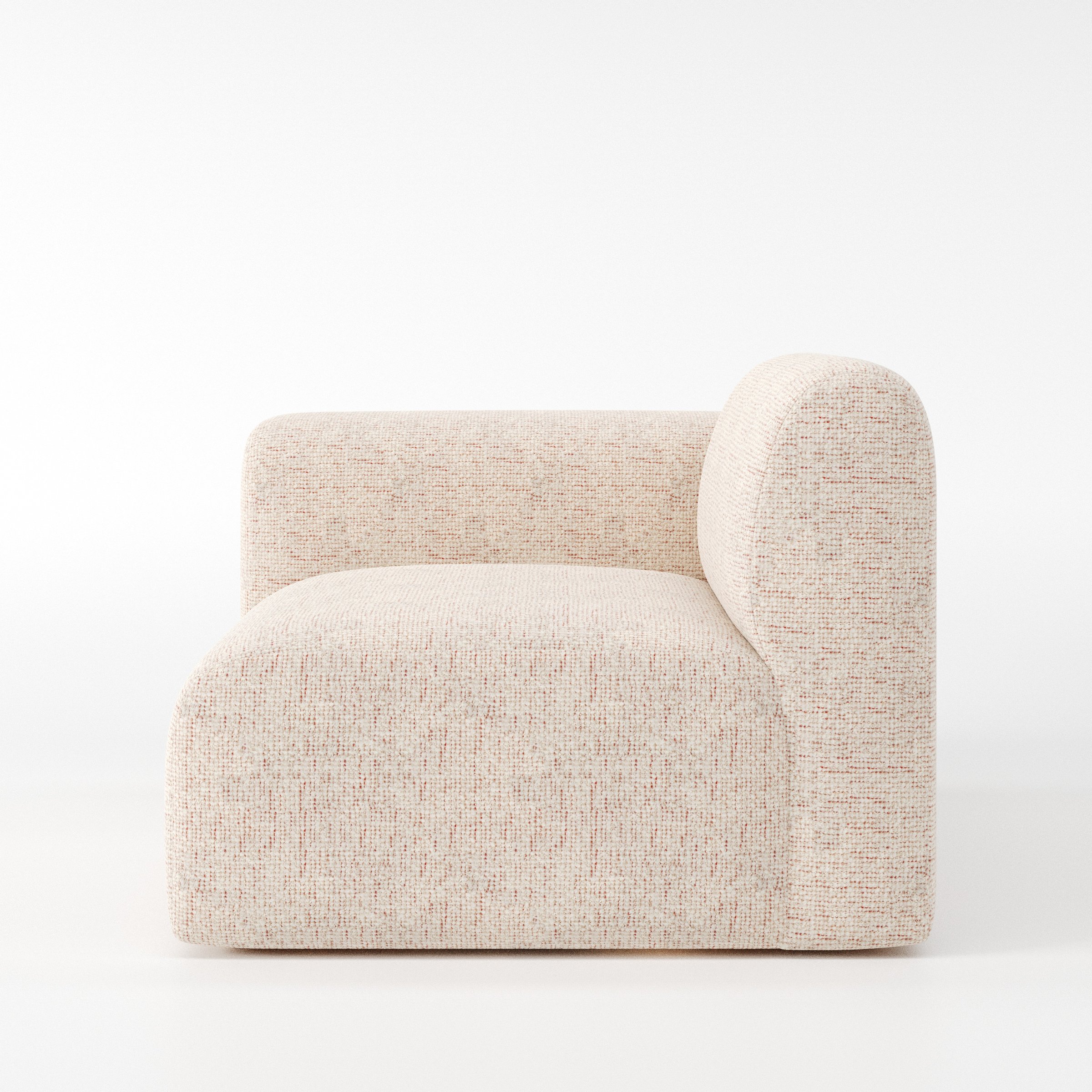 Drumquin modular sofa left side unit in Orsay Bouclé Cream and Copper shown from the side showing the rounded left armrest and deep seat profile.