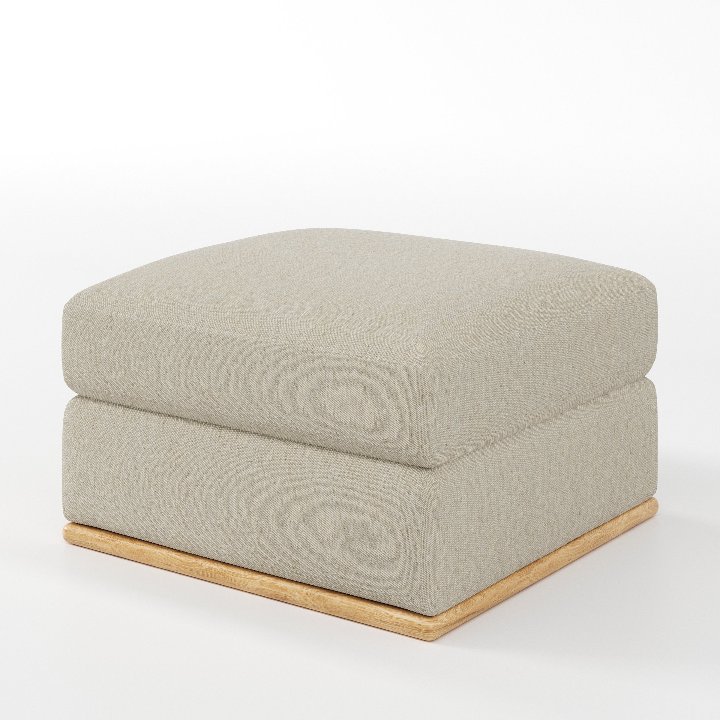 Cusher footstool in Alderney Linen Oatmeal shown at a diagonal angle highlighting structured form and wooden plinth base.
