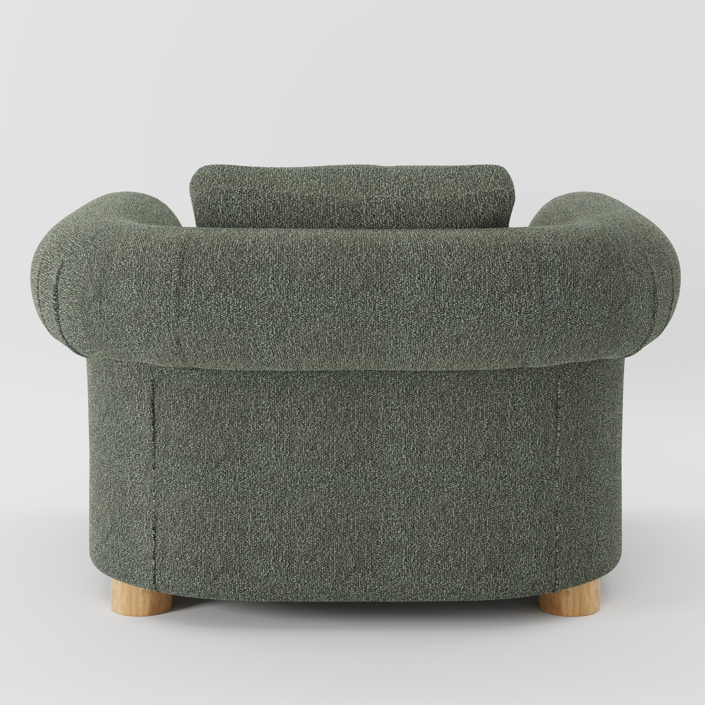 Windermere armchair in Kilda Boucle Moss shown from the rear highlighting loose covers and upholstery finish.