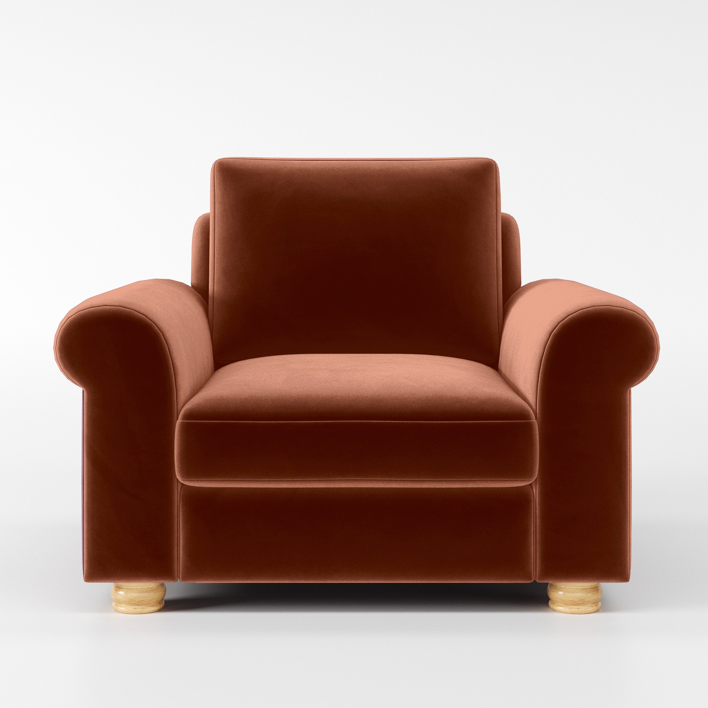 Front view of the Anna Lee armchair upholstered in Plush EasyClean Velvet in Apricot.