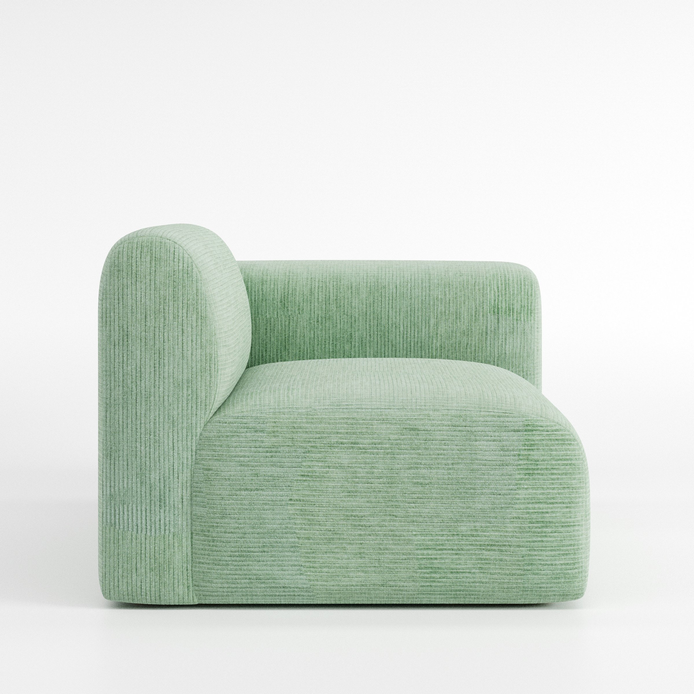 Drumquin modular sofa right side unit in Caldey Velvet Corduroy Eucalyptus shown from the side showing the rounded right armrest and deep seat profile.