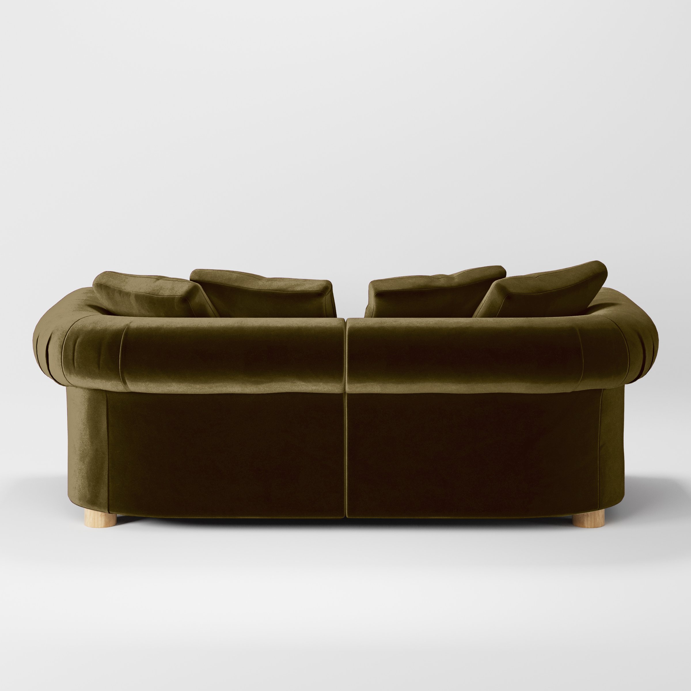 Rear view of the Windermere sofa upholstered in Plush EasyClean Velvet in Cedar.