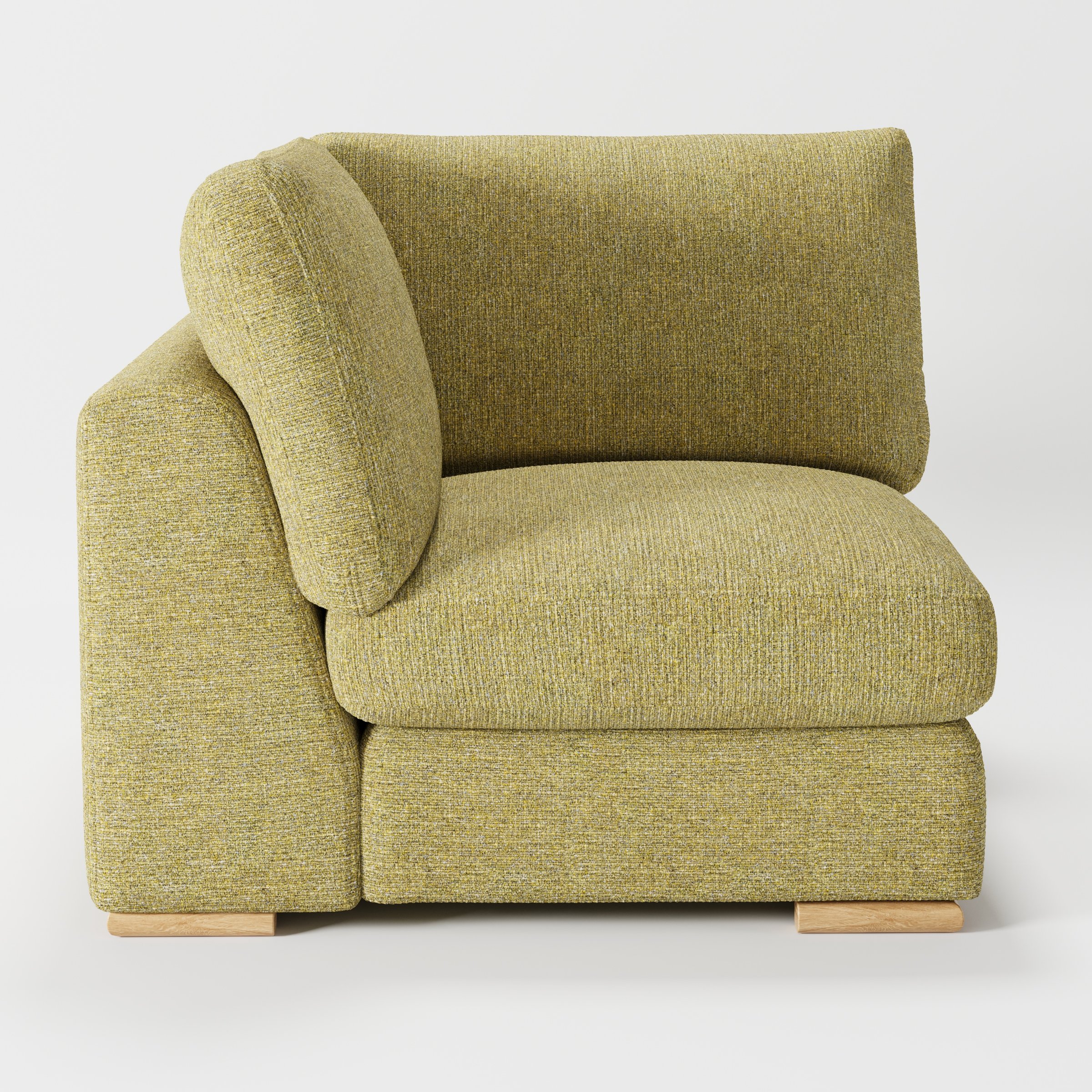 Olton corner unit in Heyling tweed sencha fabric, left side view showing arm profile and detailed weave
