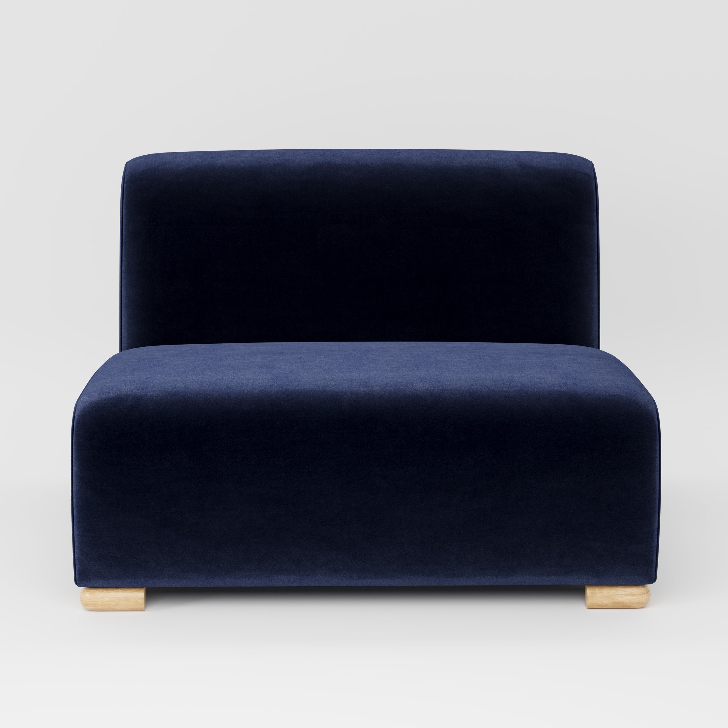 Tay single sofa unit in Noss Velvet Navy shown from the front with a low, armless design, deep seat and visible timber feet.