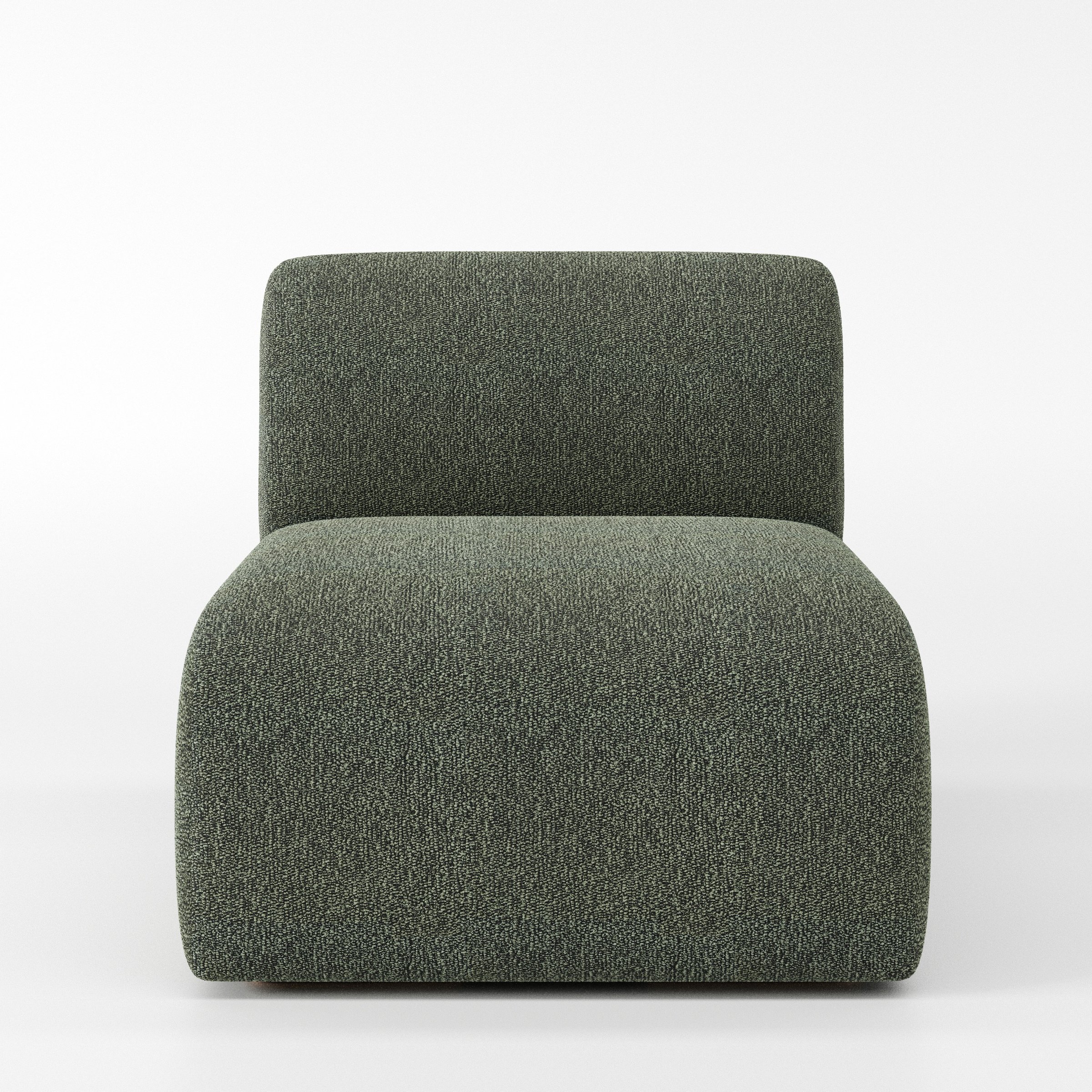 Drumquin modular sofa single unit in Kilda Bouclé Moss shown from the front with a low, deep seat and softly curved backrest.