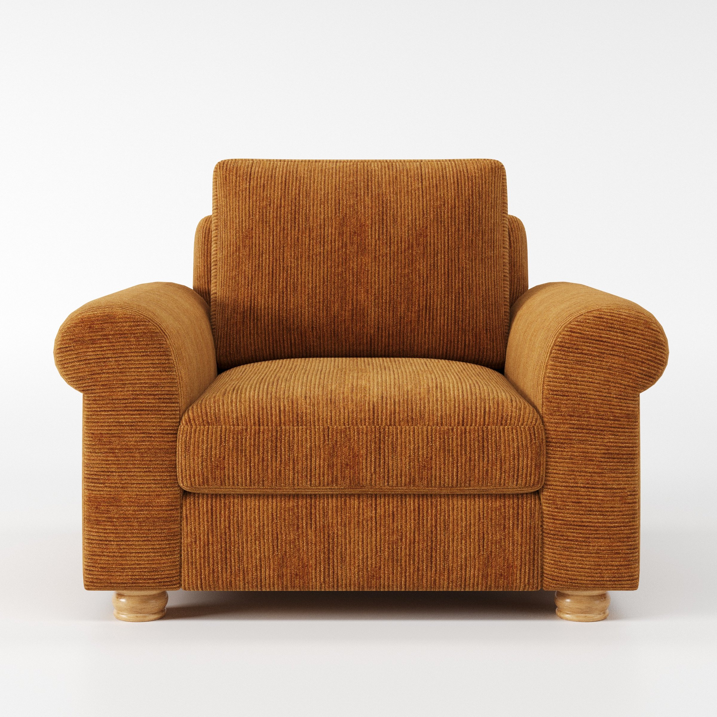 Anna Lee armchair in Caldey Velvet Corduroy Tobacco shown front-on against a neutral studio backdrop.