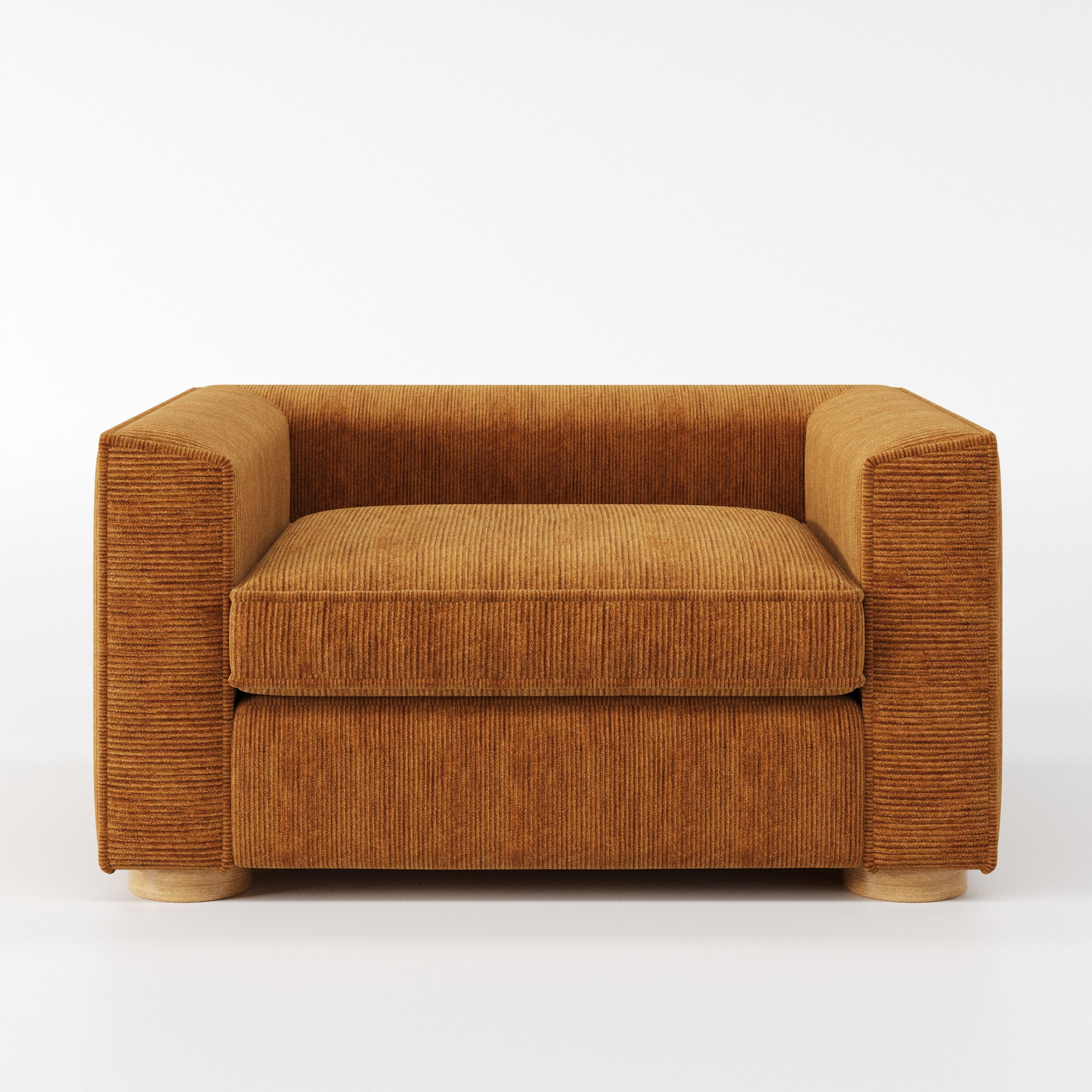 Feale armchair in Caldey Velvet Corduroy Tobacco shown front-on against a neutral studio backdrop.