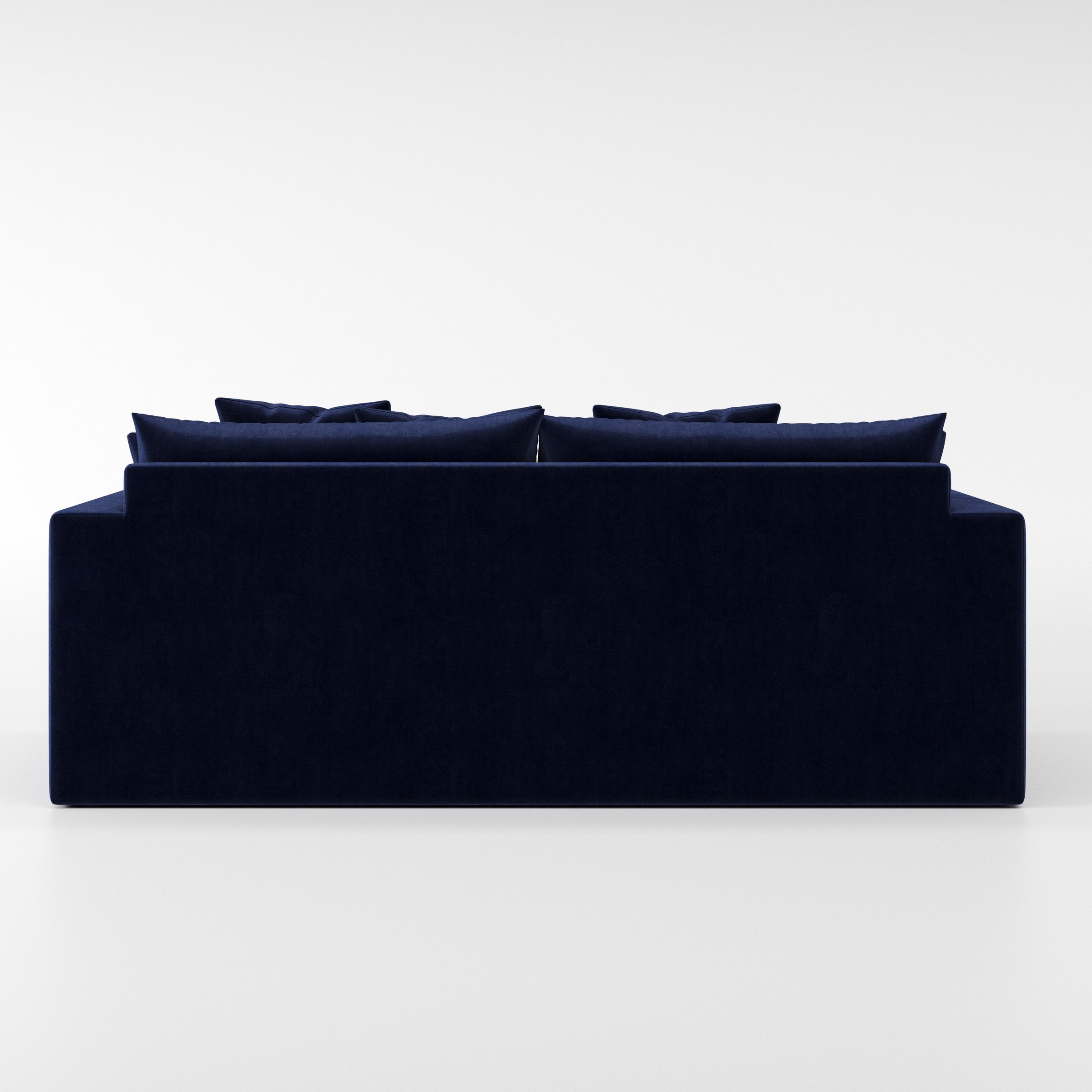 Coniston sofa in Noss Velvet Navy shown from the rear highlighting back cushions and upholstery finish.