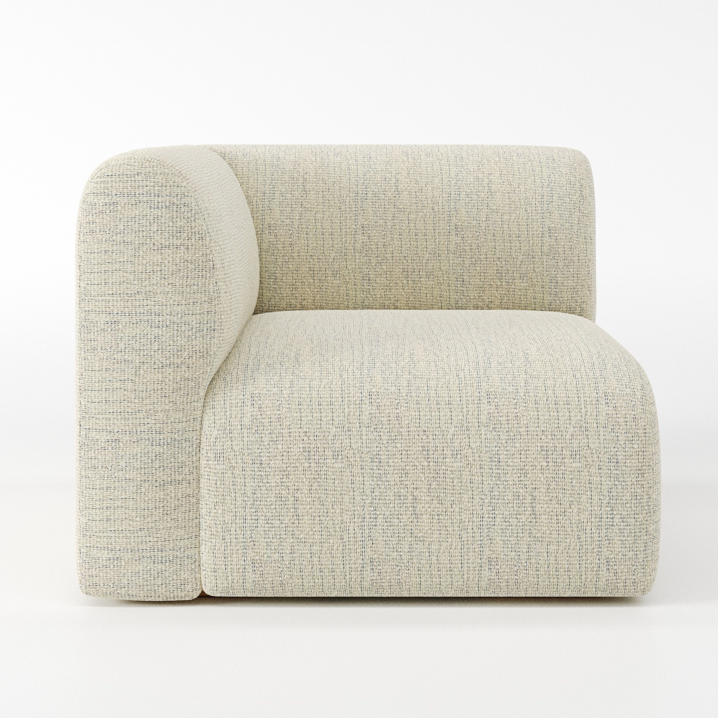 Drumquin modular sofa corner unit in Orsay Bouclé Cream and Marine shown from the left highlighting the wraparound back and soft, sculpted form.
