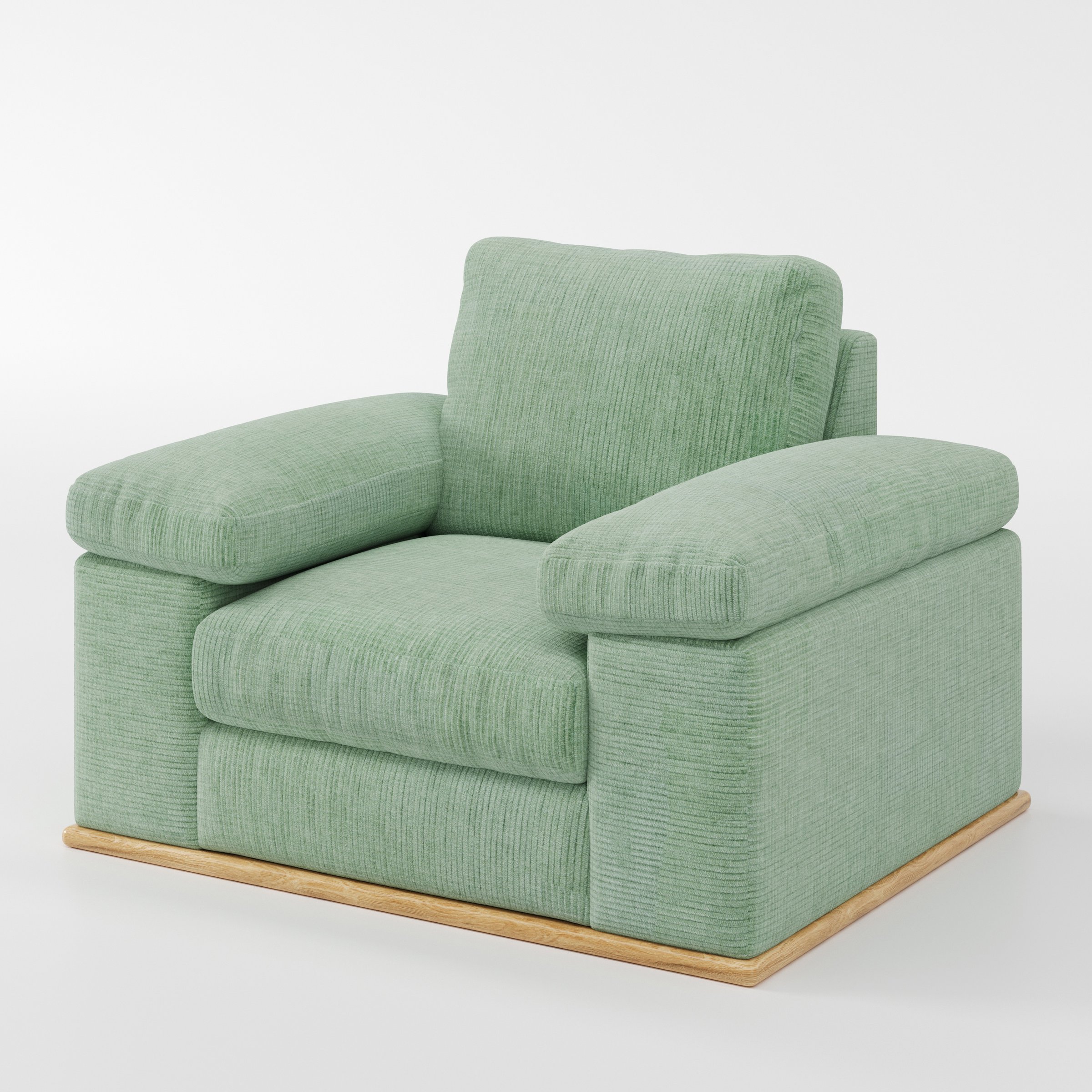 Cusher armchair in Caldey Velvet Corduroy Eucalyptus shown at a diagonal angle highlighting arms and seat depth.
