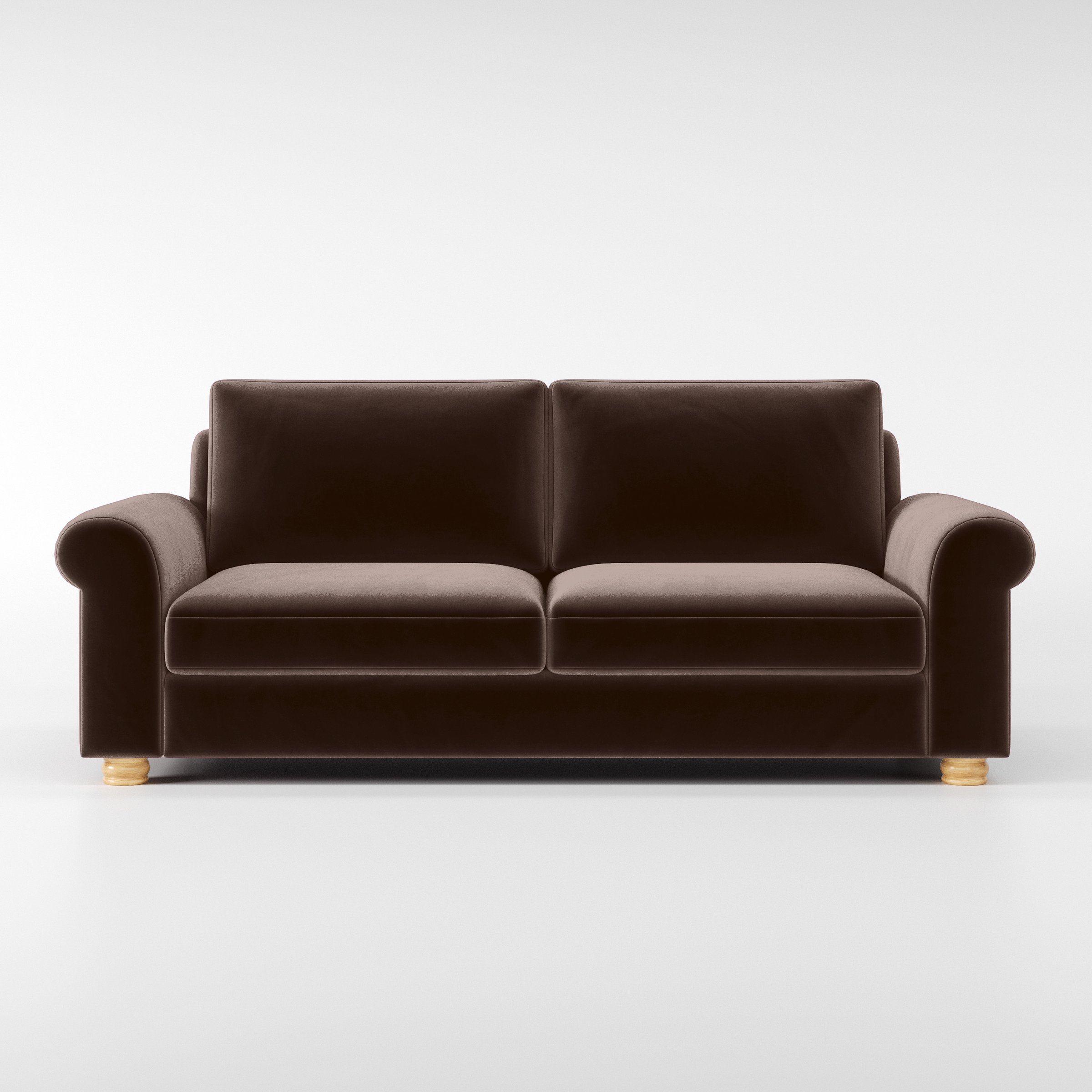 Front view of the Anna Lee sofa upholstered in Plush EasyClean Velvet in Mole.