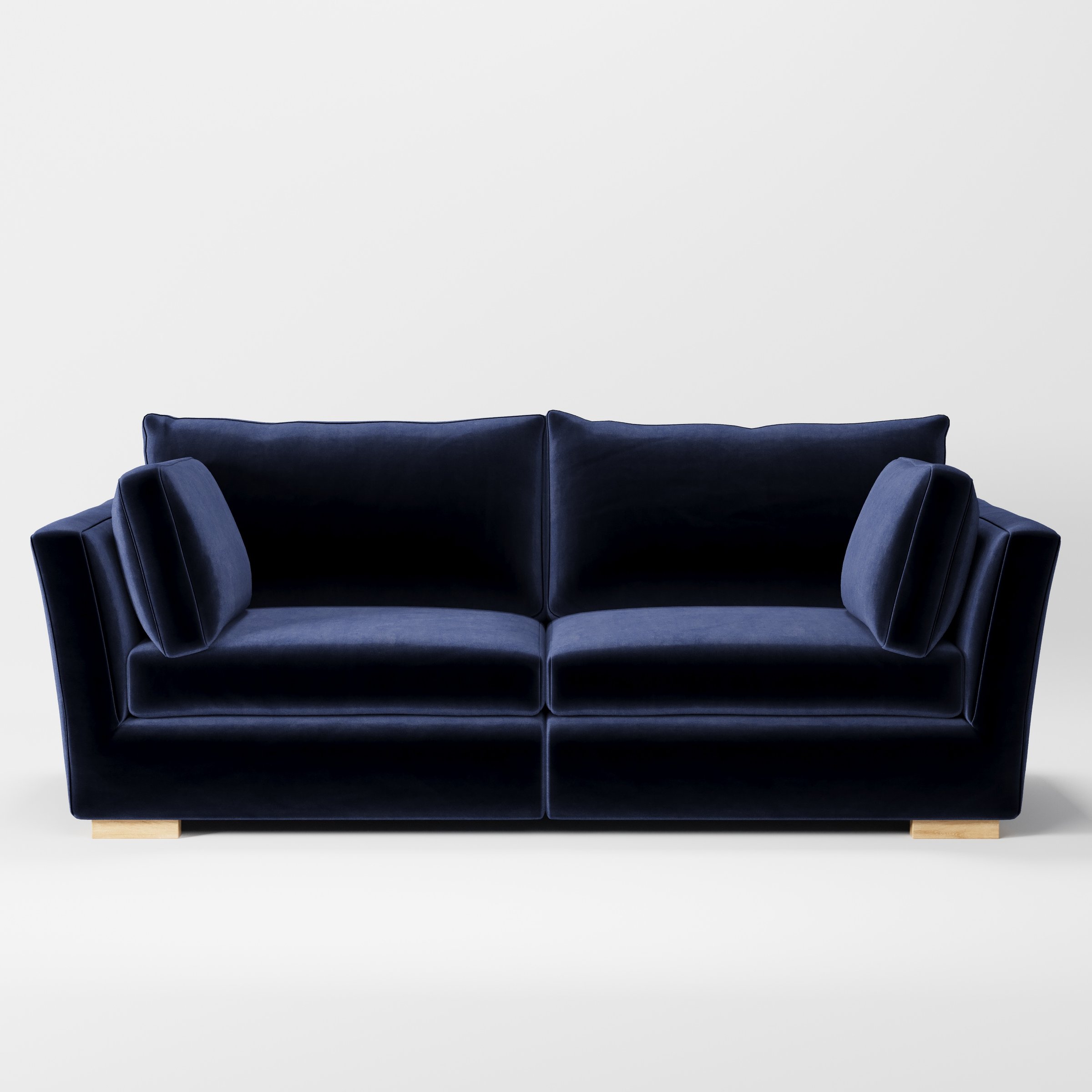 Stowe sofa in Noss Velvet Navy shown front-on against a neutral studio backdrop.