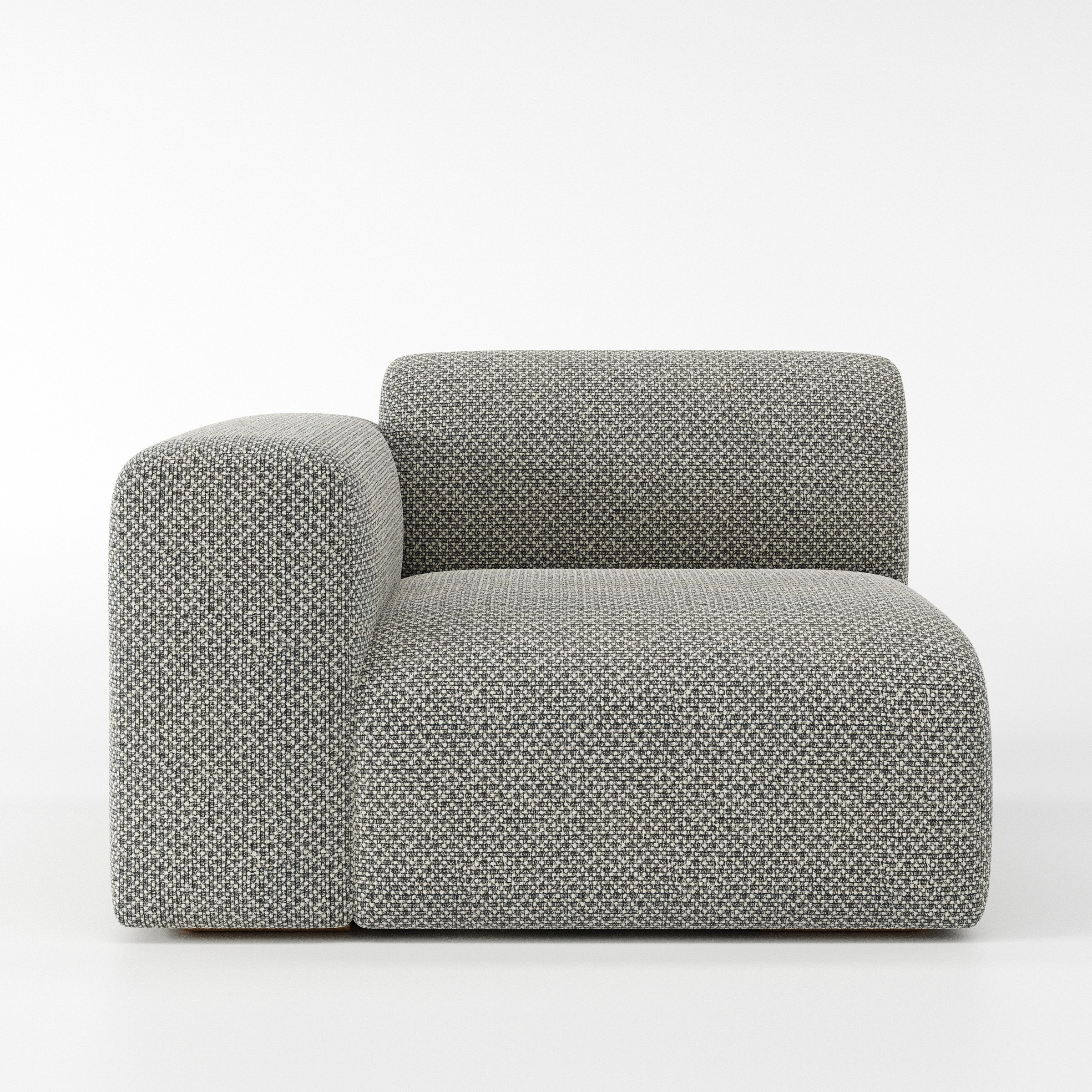 Drumquin modular sofa left side unit in Rousay Wool Blend Tar and Chalk shown from the front with a low, deep seat and a rounded left armrest.